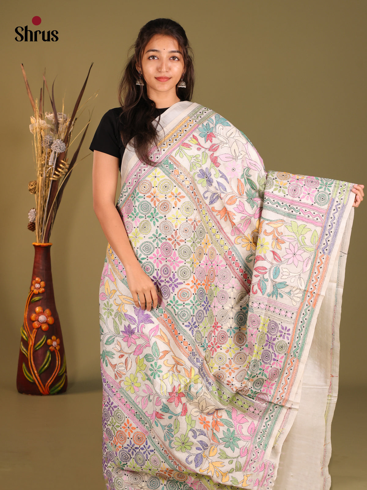 Cream(Single Tone) - Tussar Saree - Shop on Shrus.com