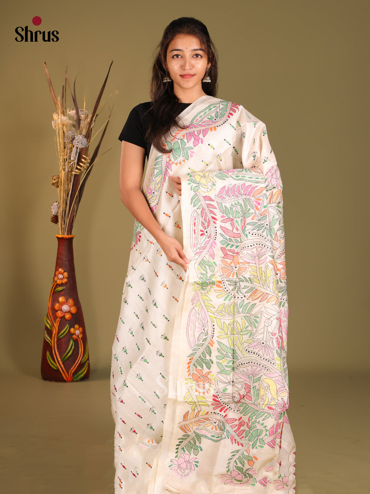 Cream(Single Tone) - Tussar Saree