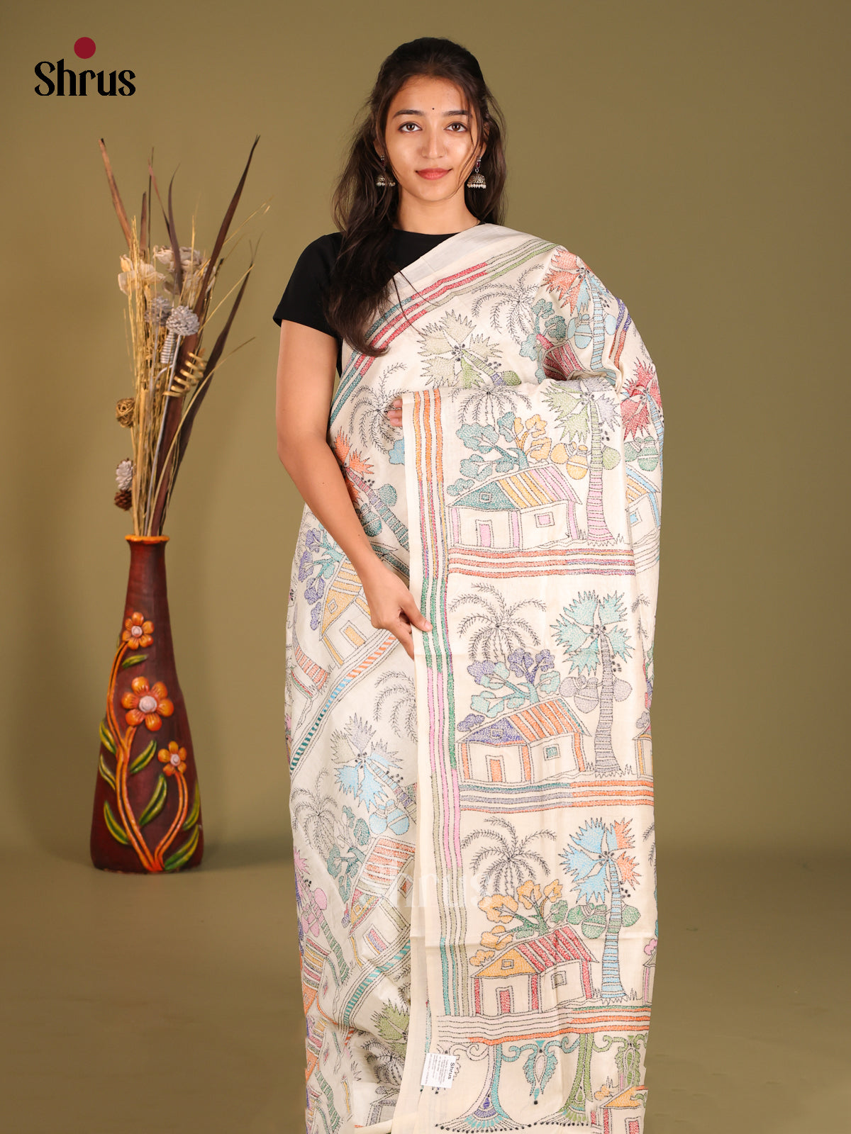 Classic Cream Tussar Silk Saree with Multicolor Village Motifs