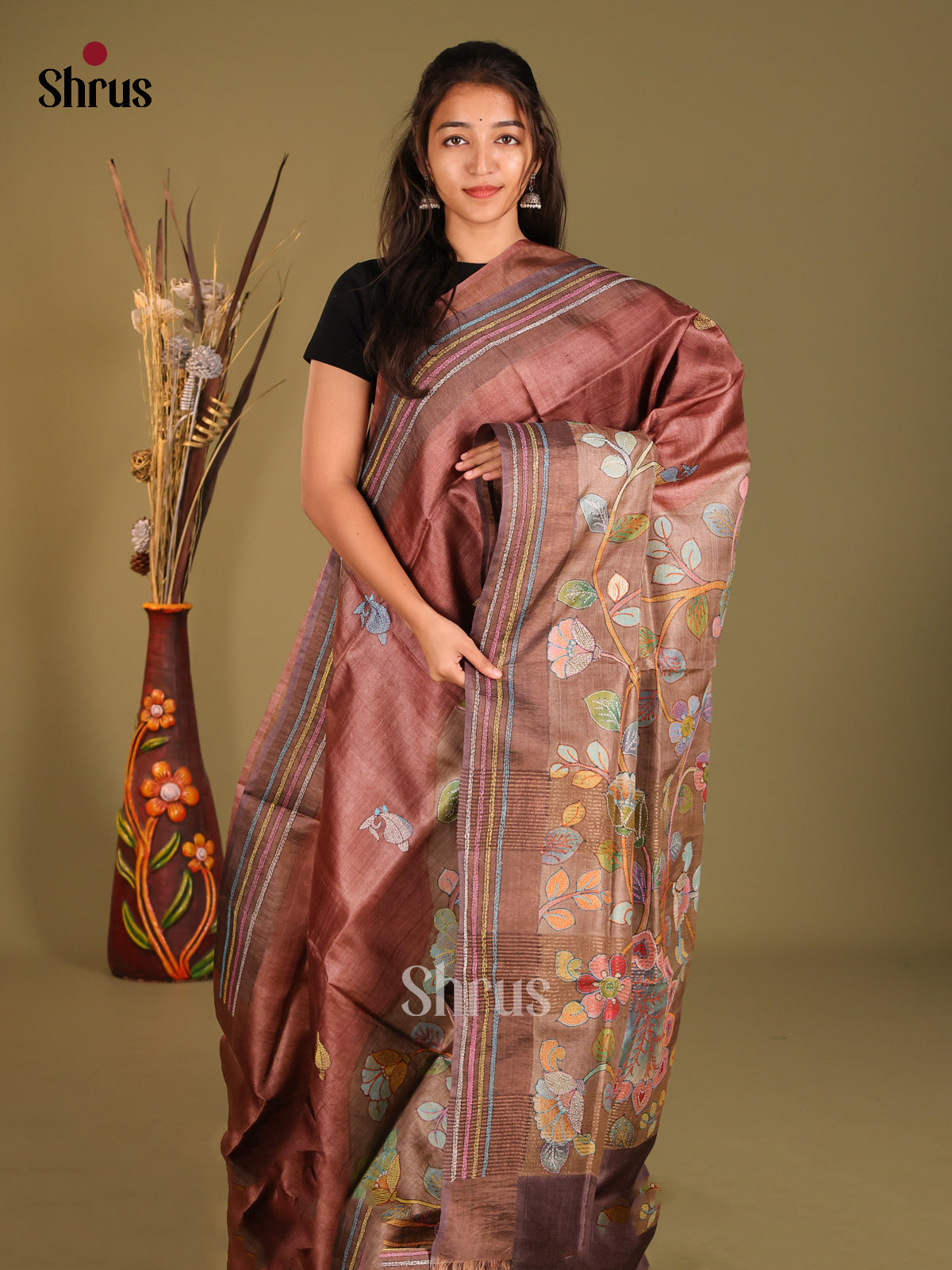 Subtle Brown Tussar Silk Saree with Pastel Floral Embroidery - Shop on Shrus.com