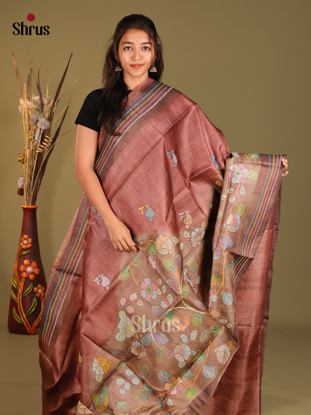 Subtle Brown Tussar Silk Saree with Pastel Floral Embroidery - Shop on Shrus.com