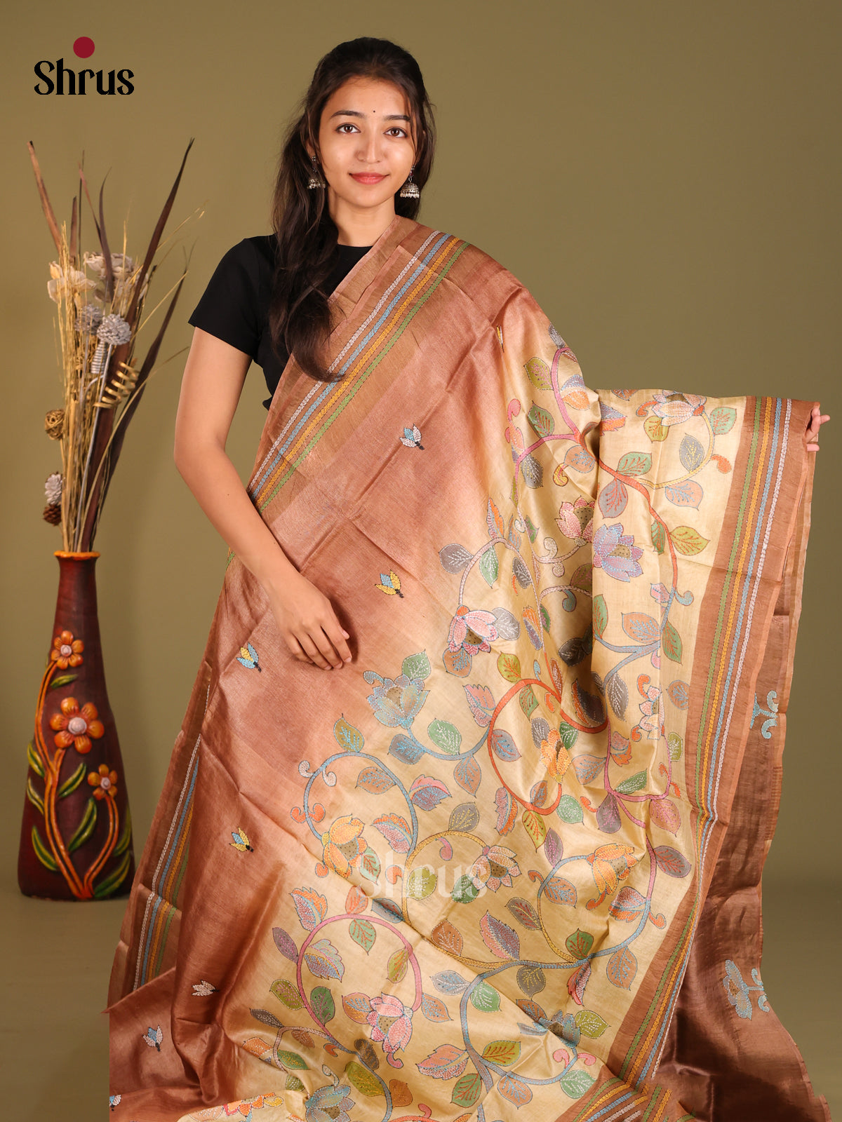 Exquisite Cream & Brown Hand-Painted Tussar Silk Saree - Shop on Shrus.com