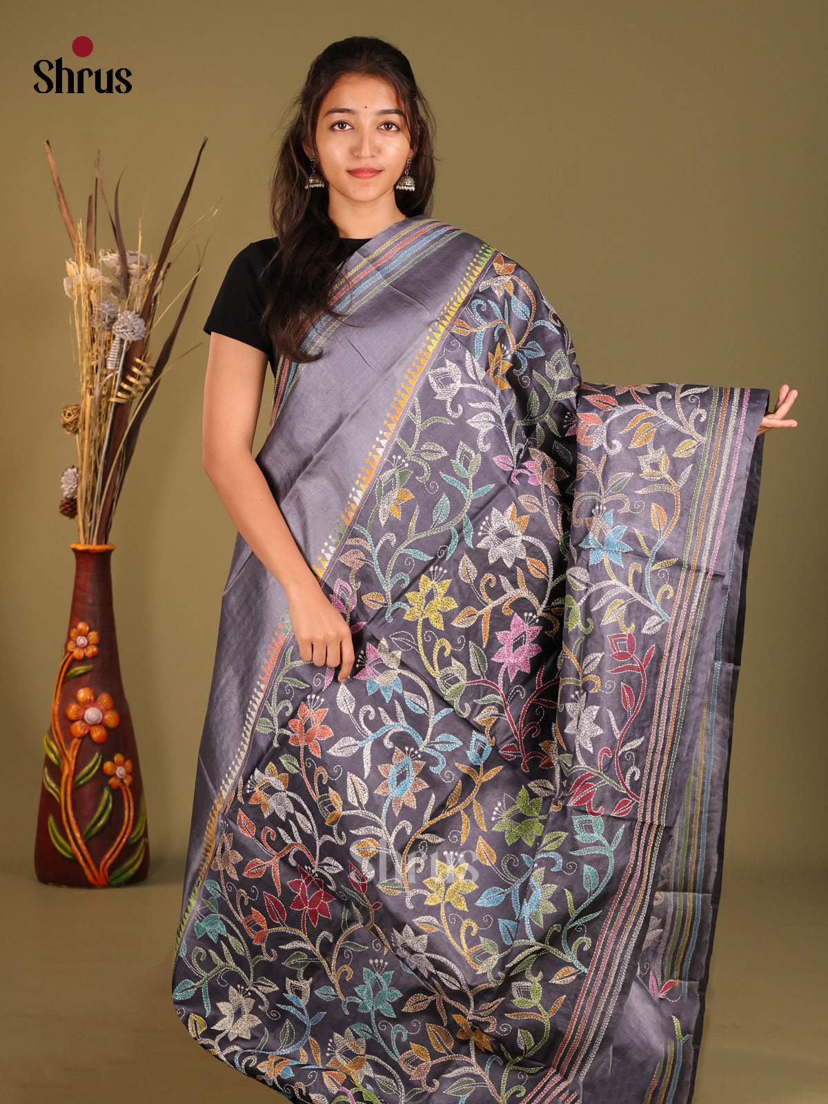 Artistic Grey Tussar Silk Saree with Multicolor Embroidery Detailing