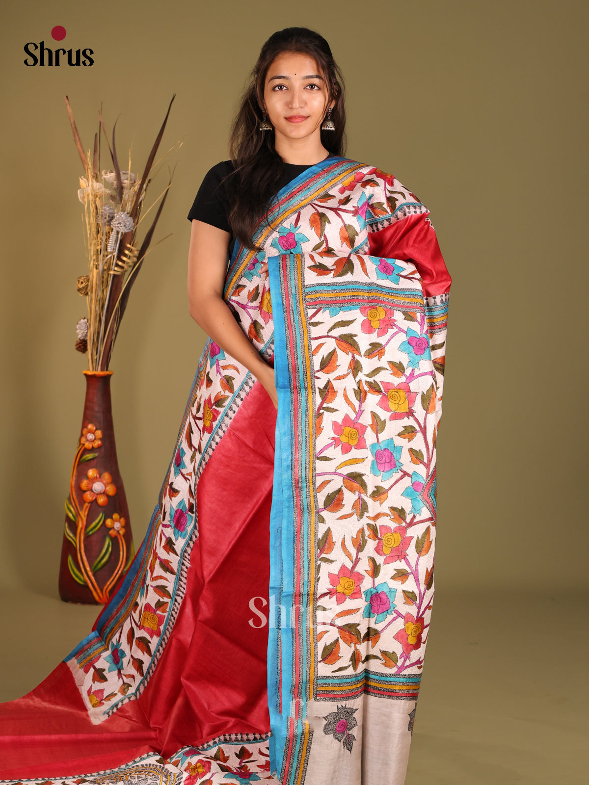 Red & Blue - Tussar Saree