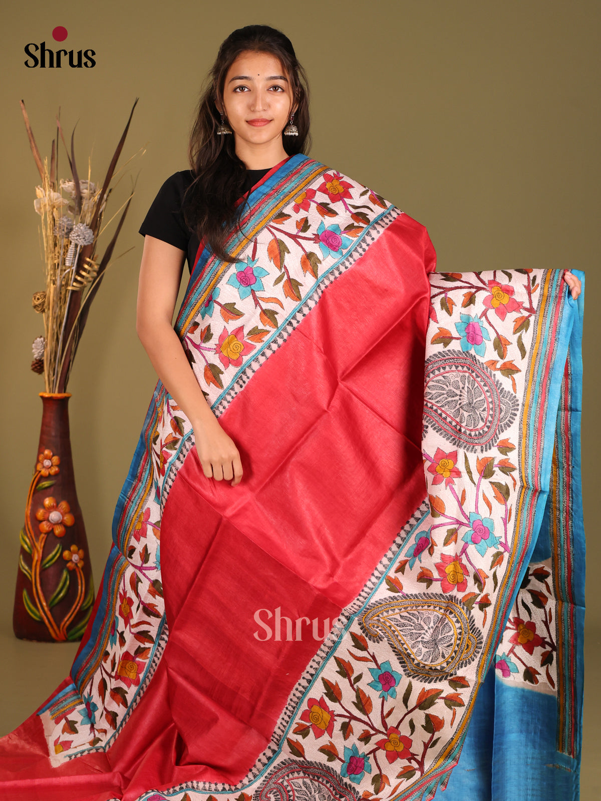 Red & Blue - Tussar Saree