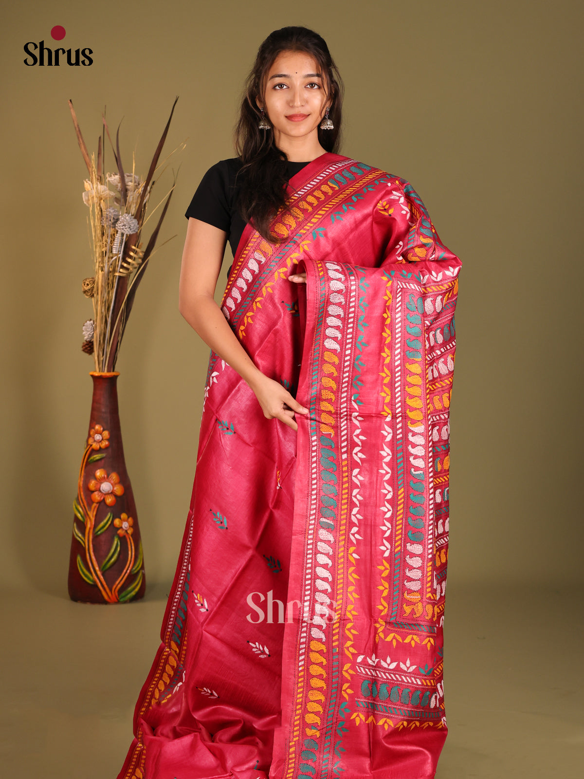 Red(Single Tone)- Tussar Saree - Shop on Shrus.com