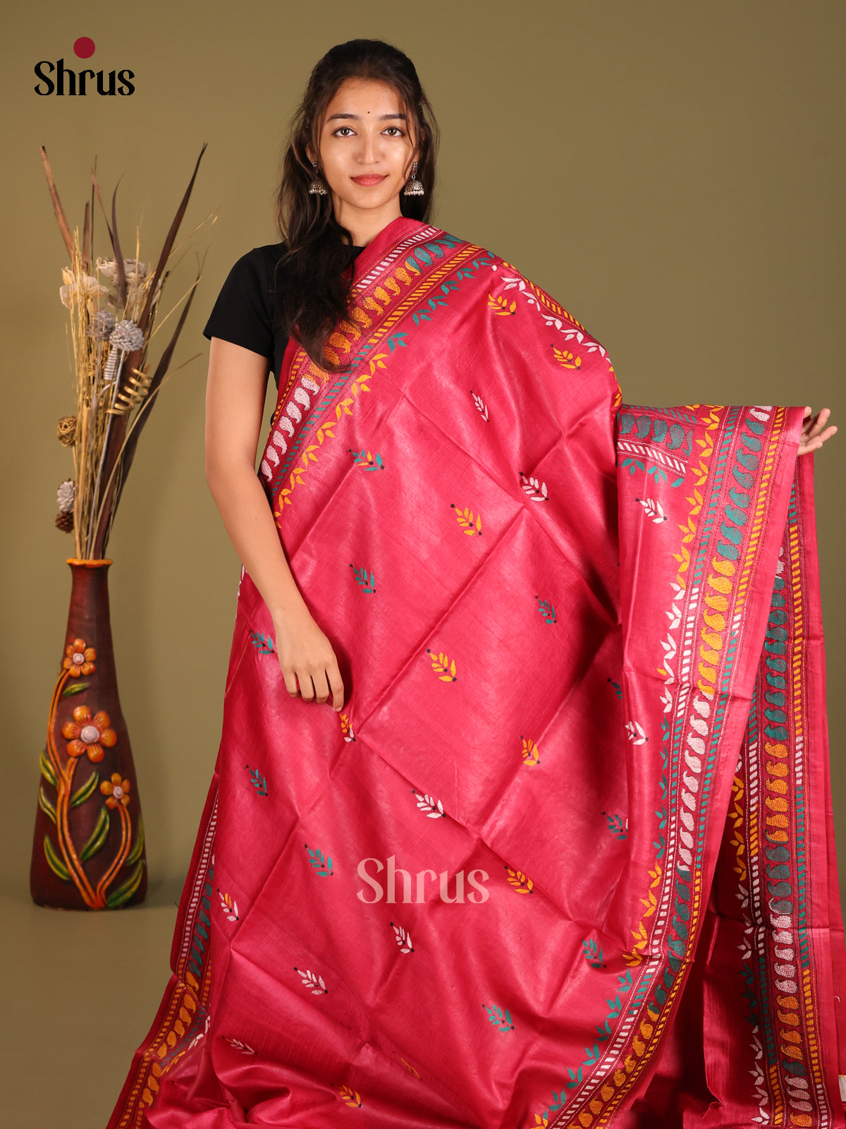 Red(Single Tone)- Tussar Saree - Shop on Shrus.com