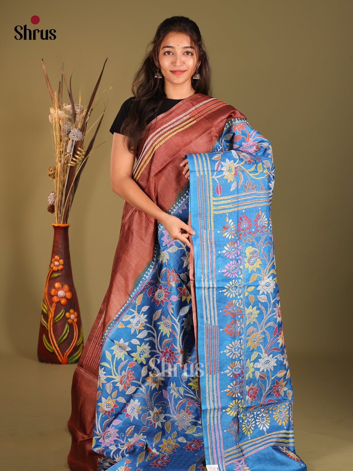 Brown & Blue - Tussar Saree