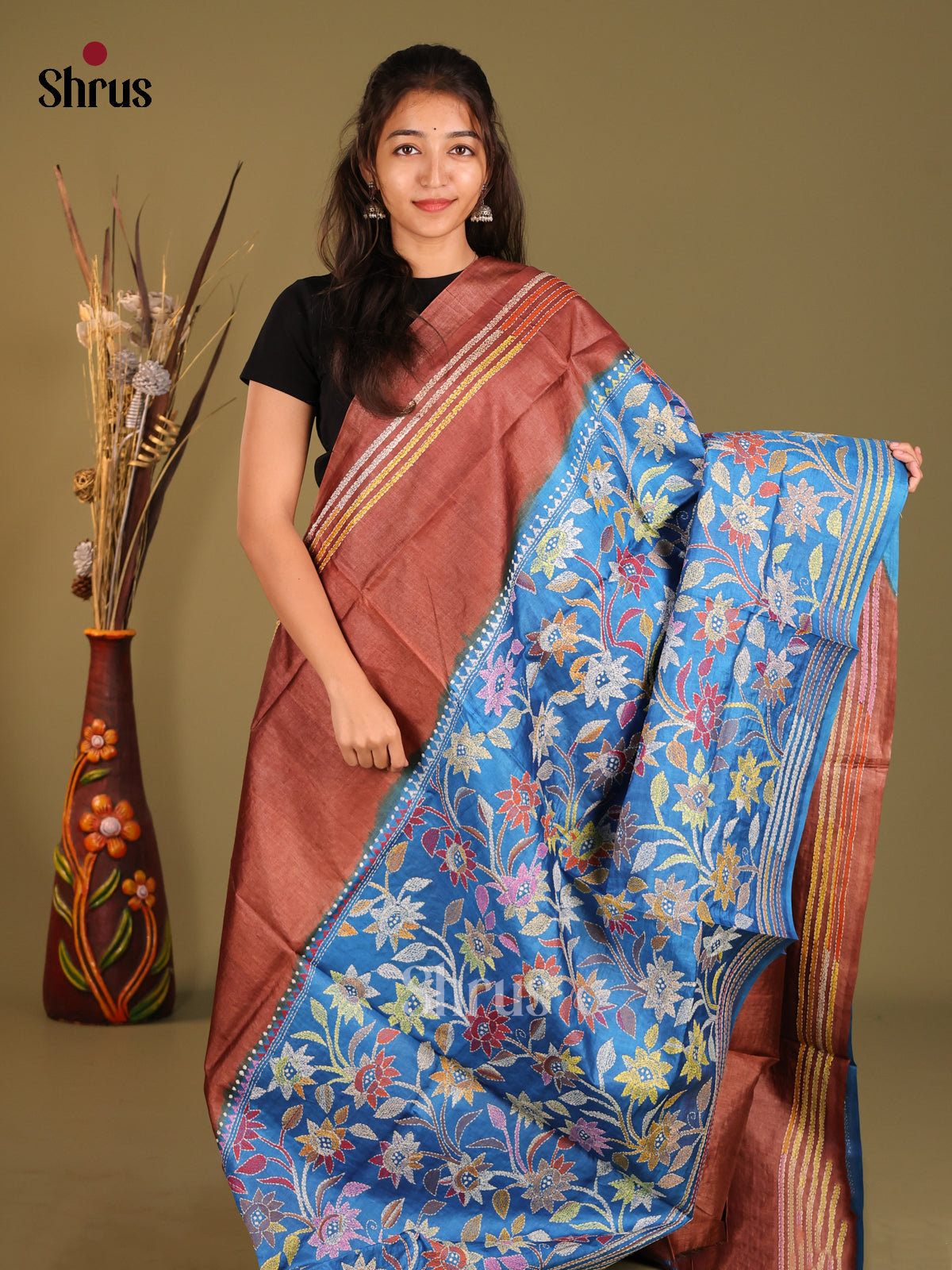 Brown & Blue - Tussar Saree