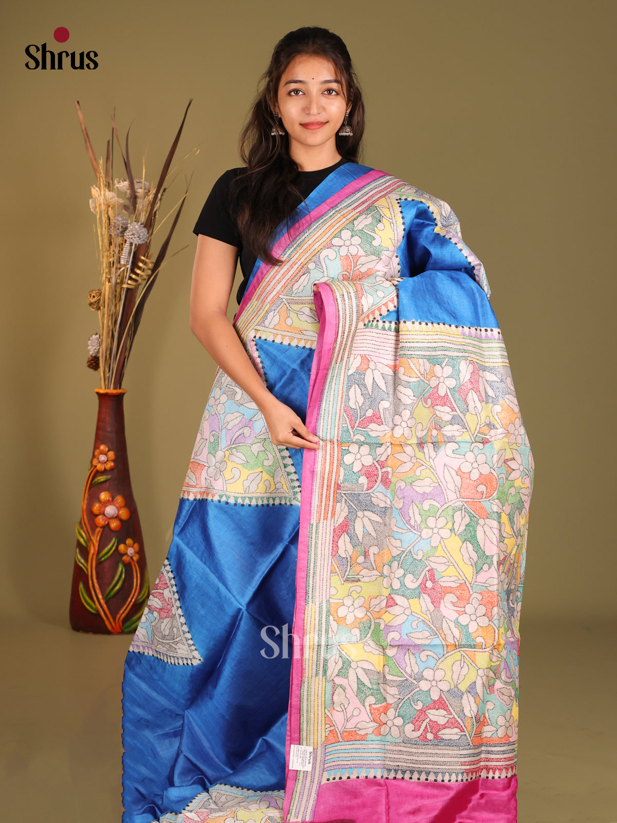Blue & Pink - Tussar Saree