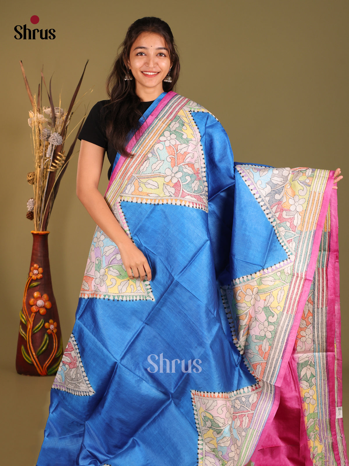 Blue & Pink - Tussar Saree