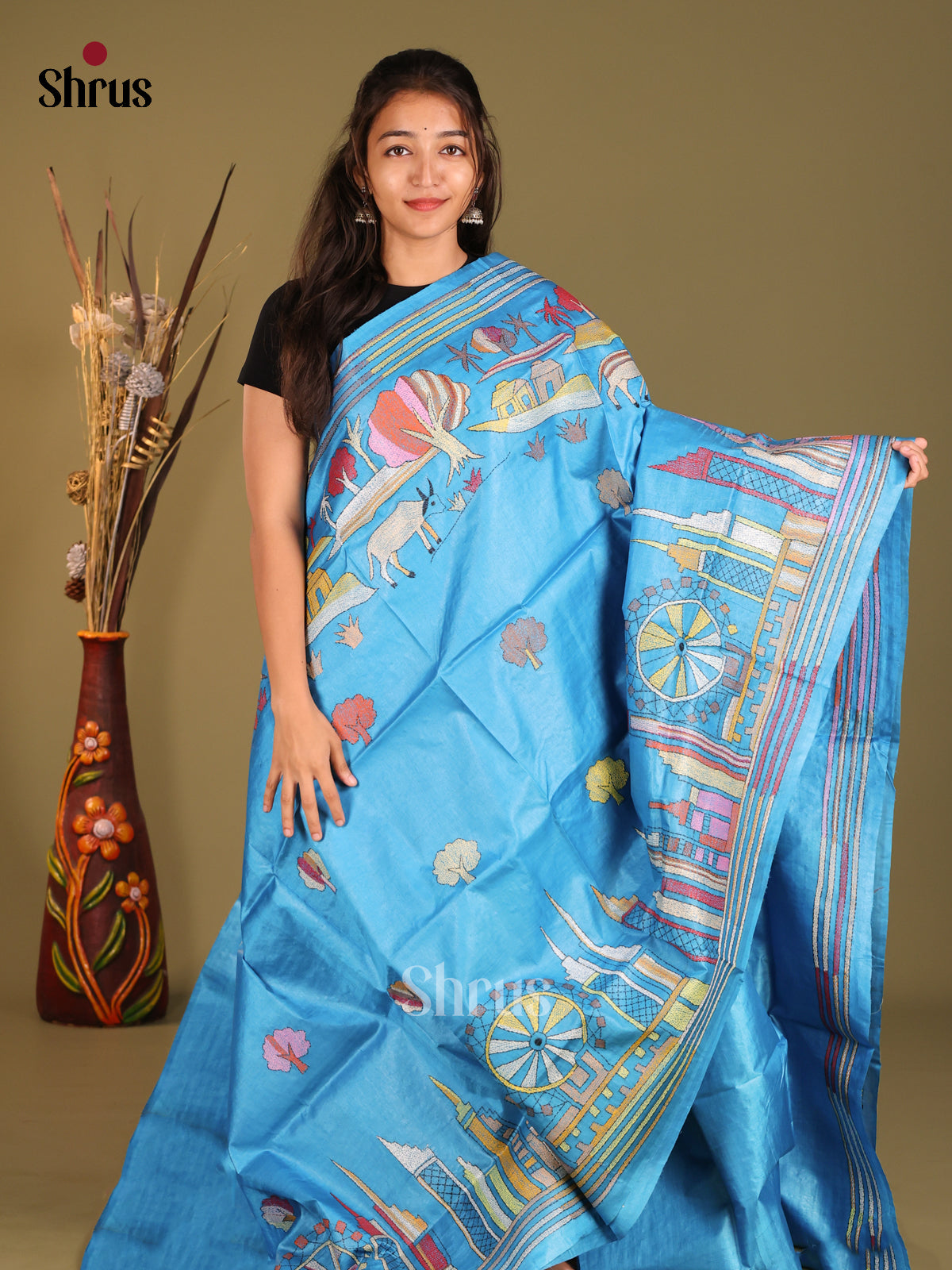 Serene Blue Saree in Tussar Silk Saree with City Motifs & Embroidery Detailing - Shop on Shrus.com