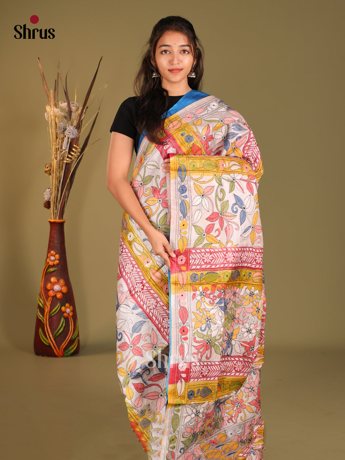 Off White & Blue - Tussar Saree