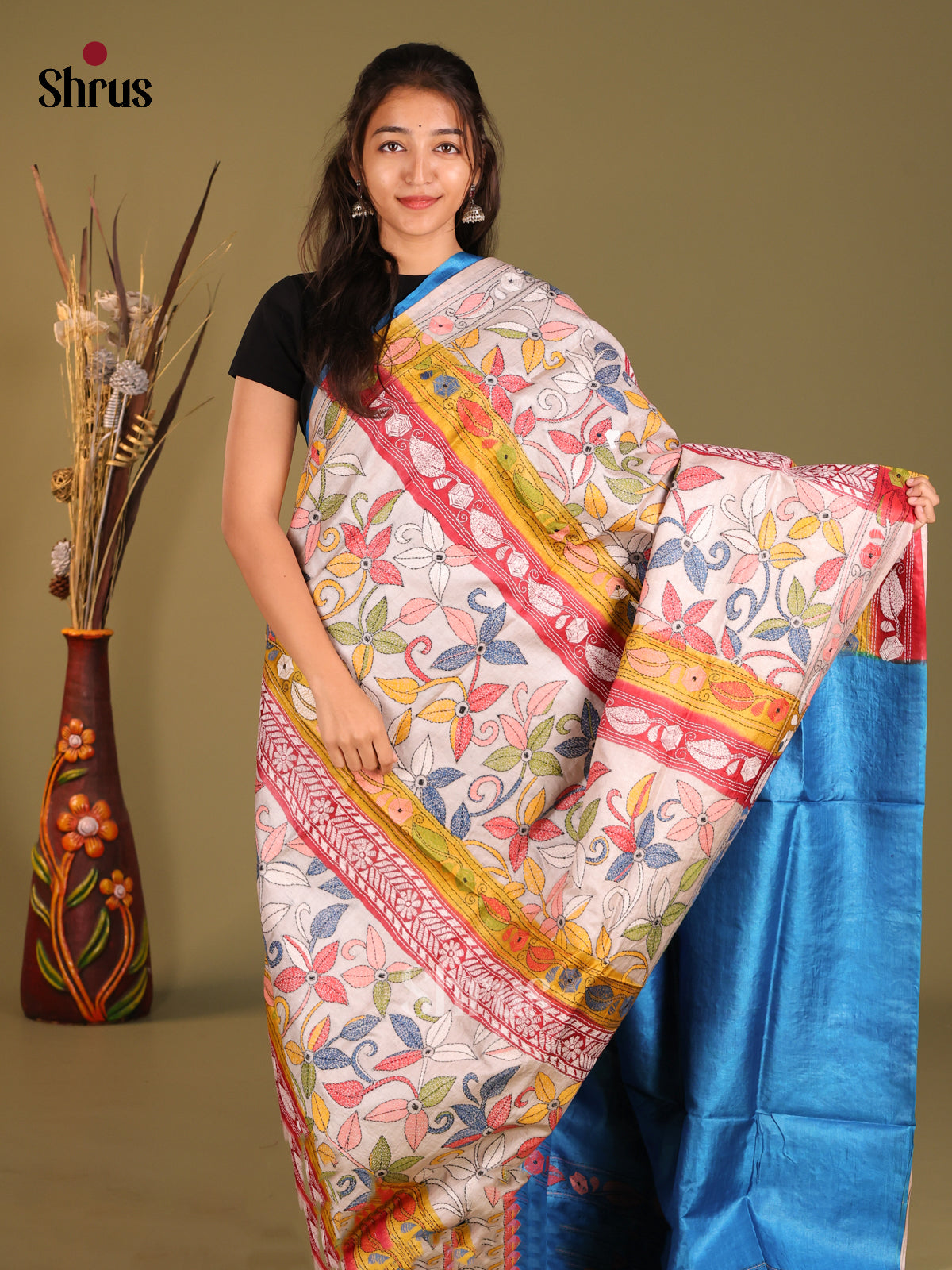 Off White & Blue - Tussar Saree
