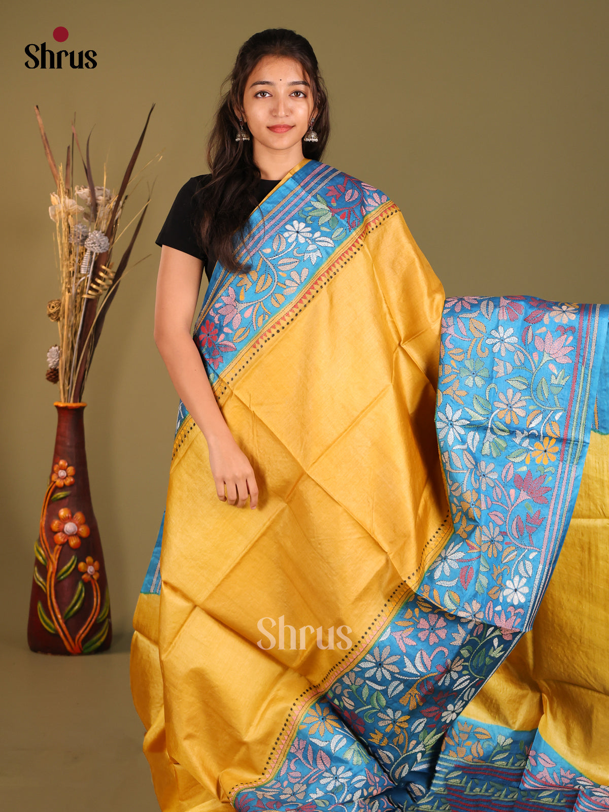 Luminous Yellow Saree in Tussar Silk with Blue Embroidered Pallu - Shop on Shrus.com