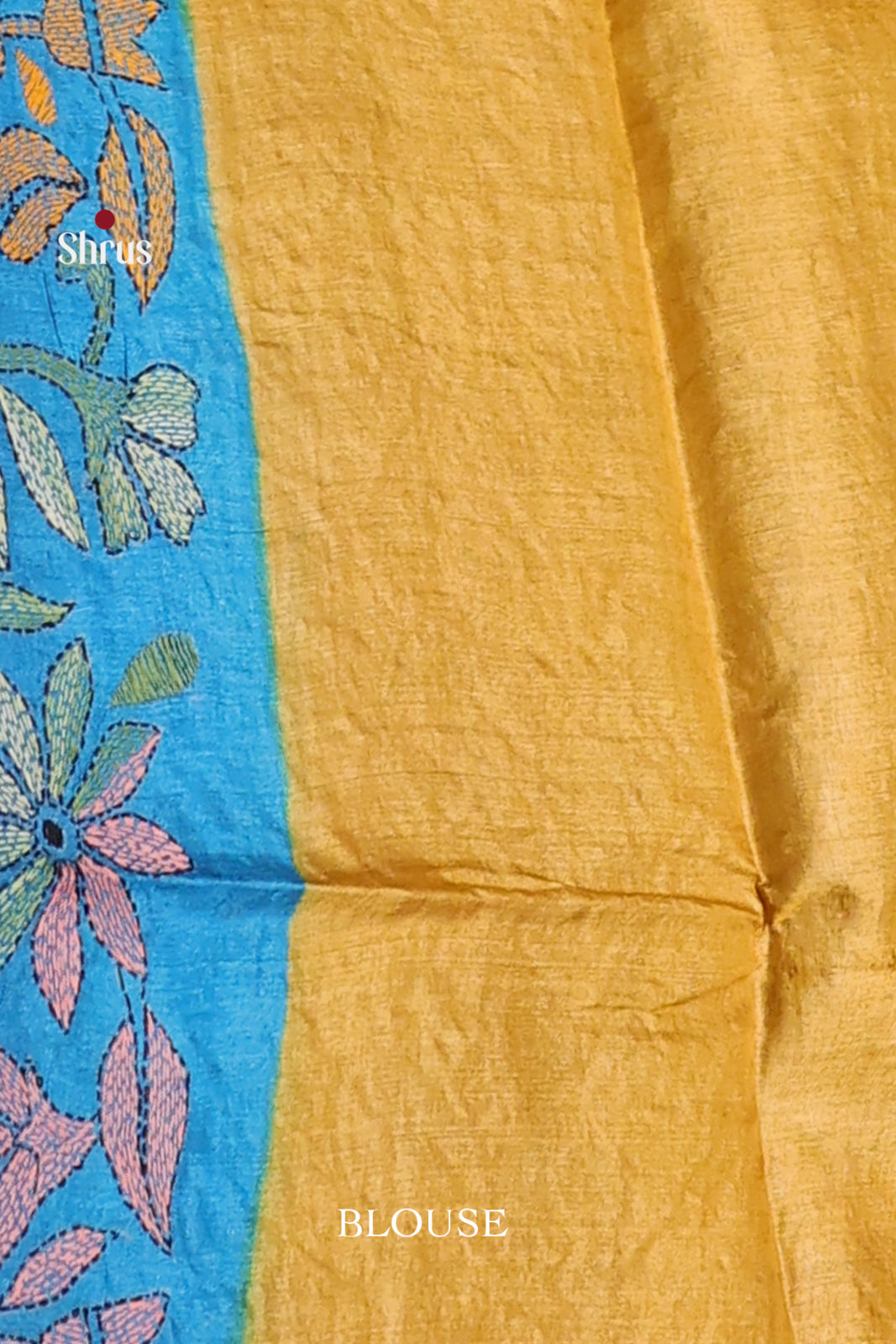 Luminous Yellow Saree in Tussar Silk with Blue Embroidered Pallu - Shop on Shrus.com