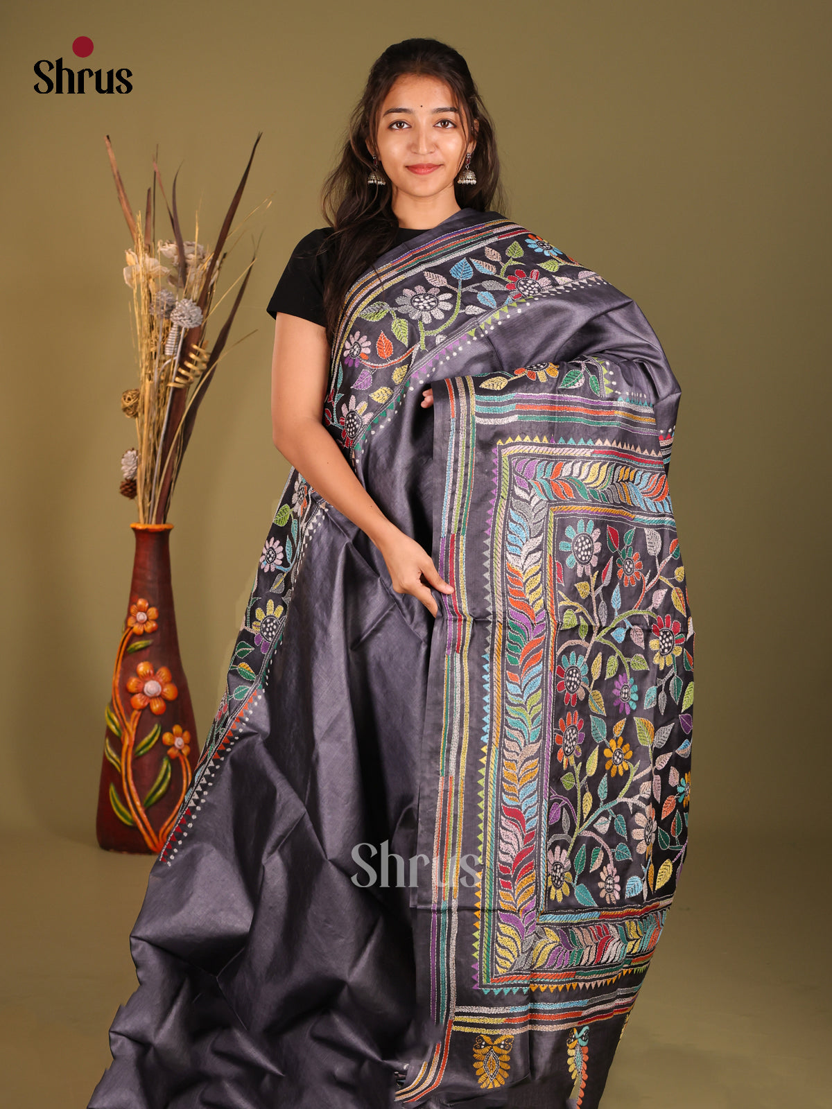 Unique Charcoal Grey Saree with Floral Embroidery - Shop on Shrus.com