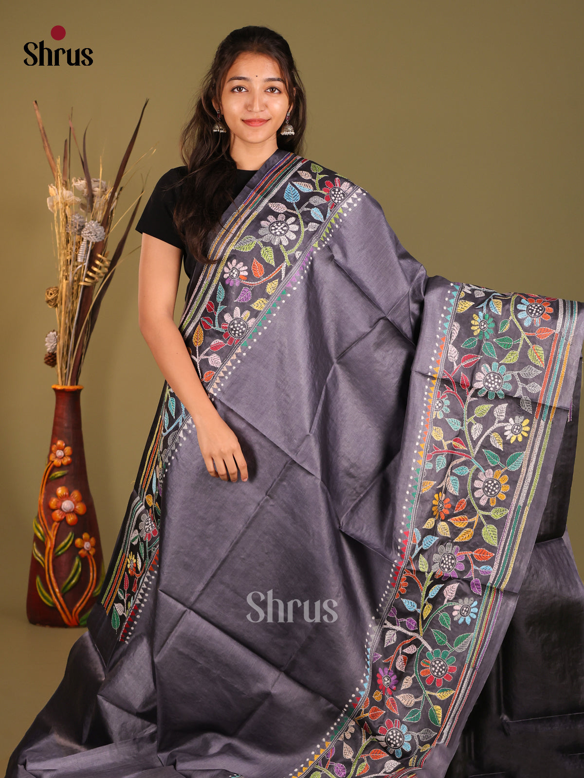 Unique Charcoal Grey Saree with Floral Embroidery - Shop on Shrus.com