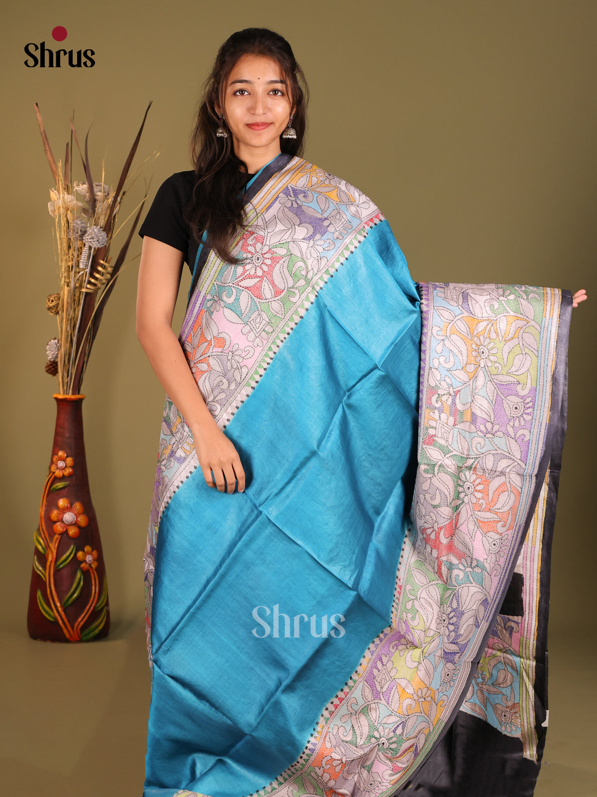 Elegant Blue Tussar Silk Saree with Floral Embroidered Border & Pallu