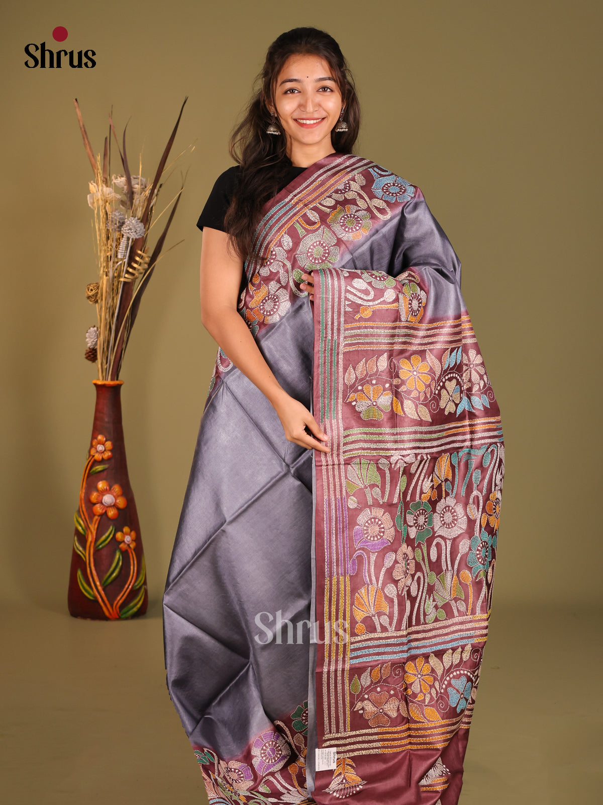 Grey & Brown - Tussar Saree - Shop on Shrus.com