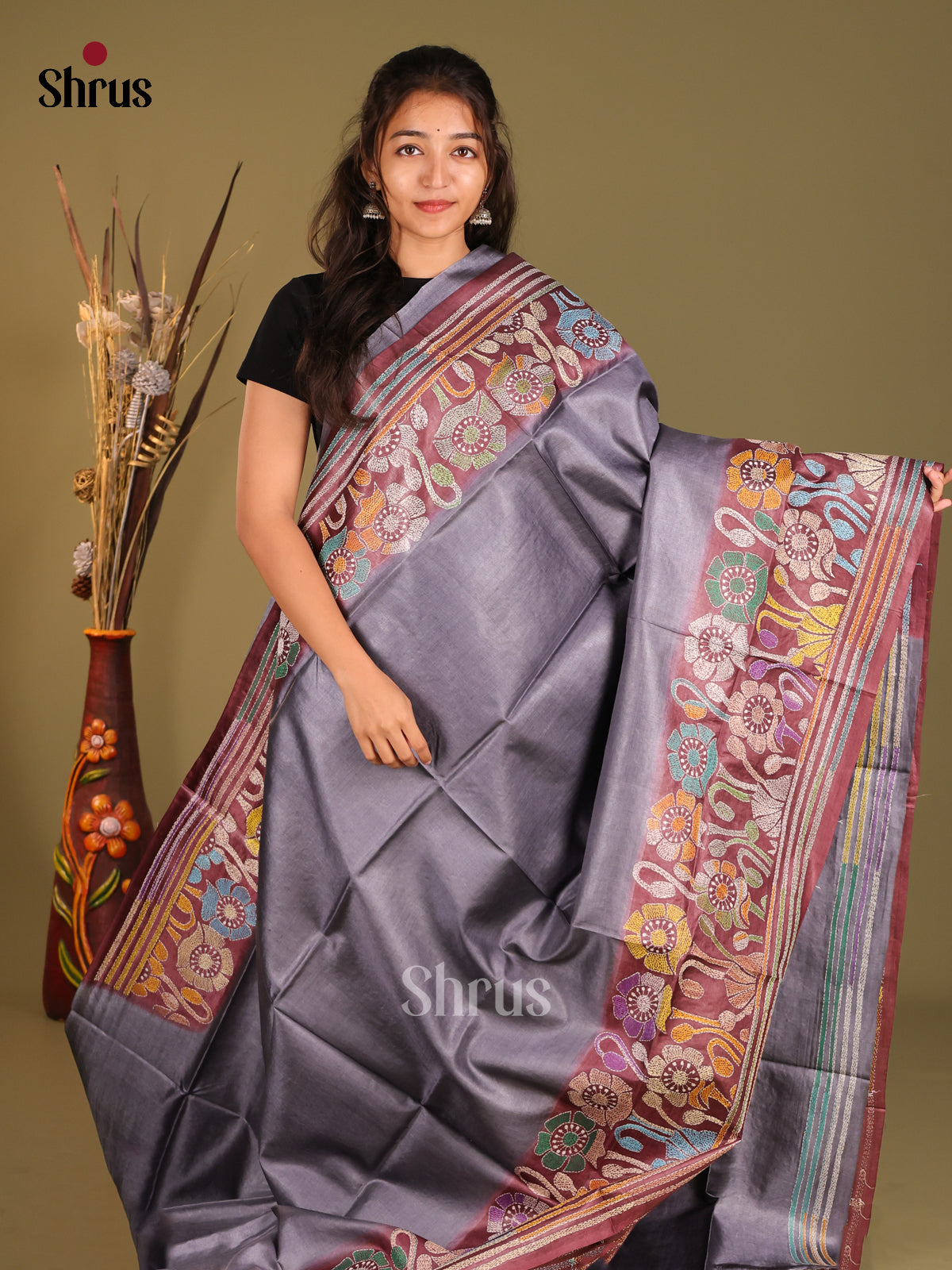 Grey & Brown - Tussar Saree - Shop on Shrus.com