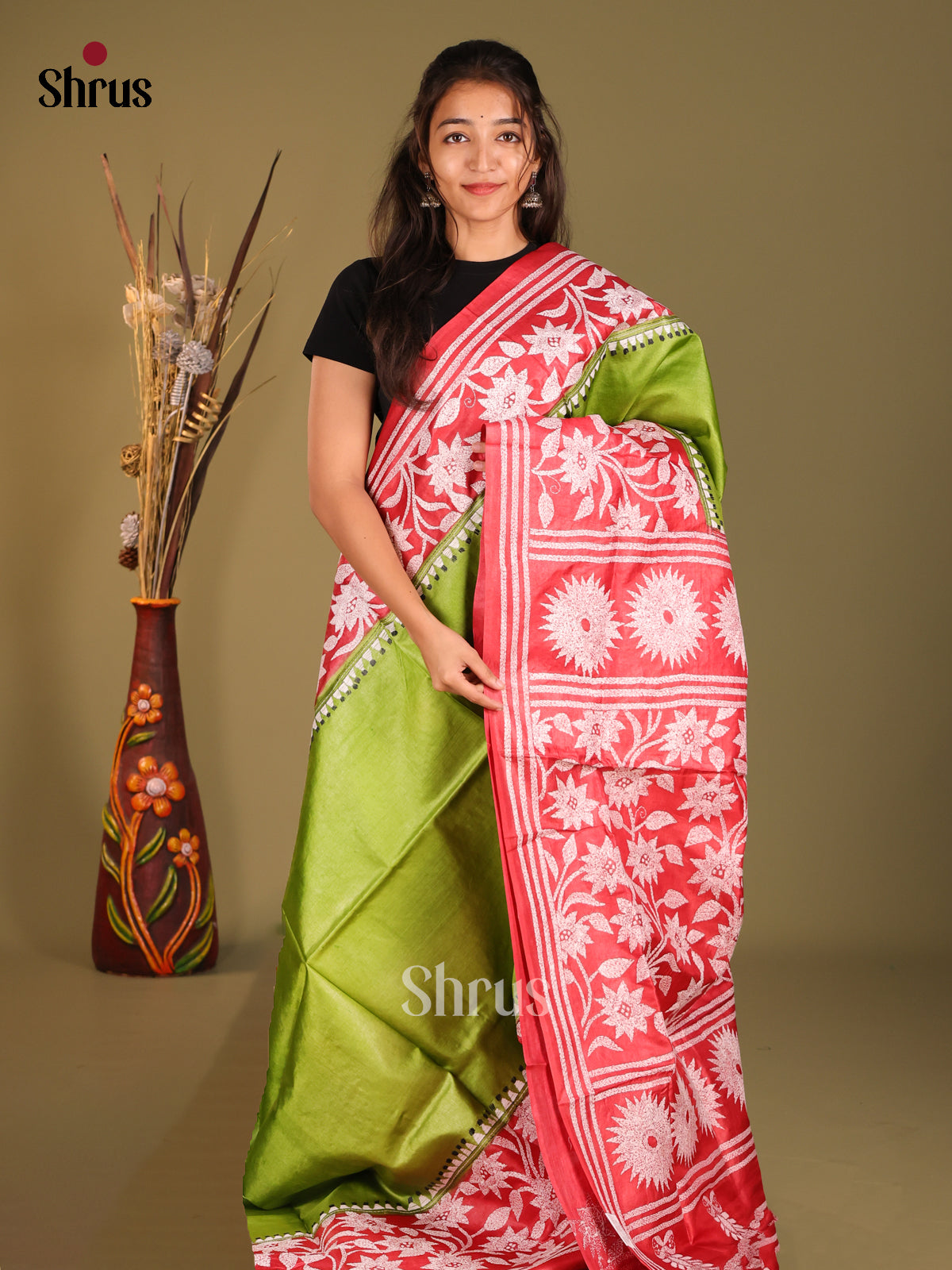Brilliant Light Green & Red Tussar Silk Saree with White Floral Motifs