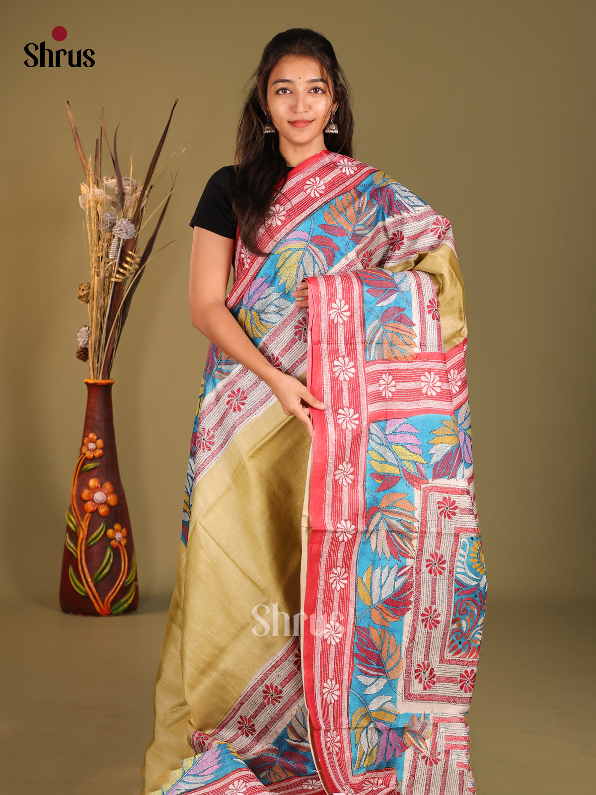 Beige & Red - Tussar Saree