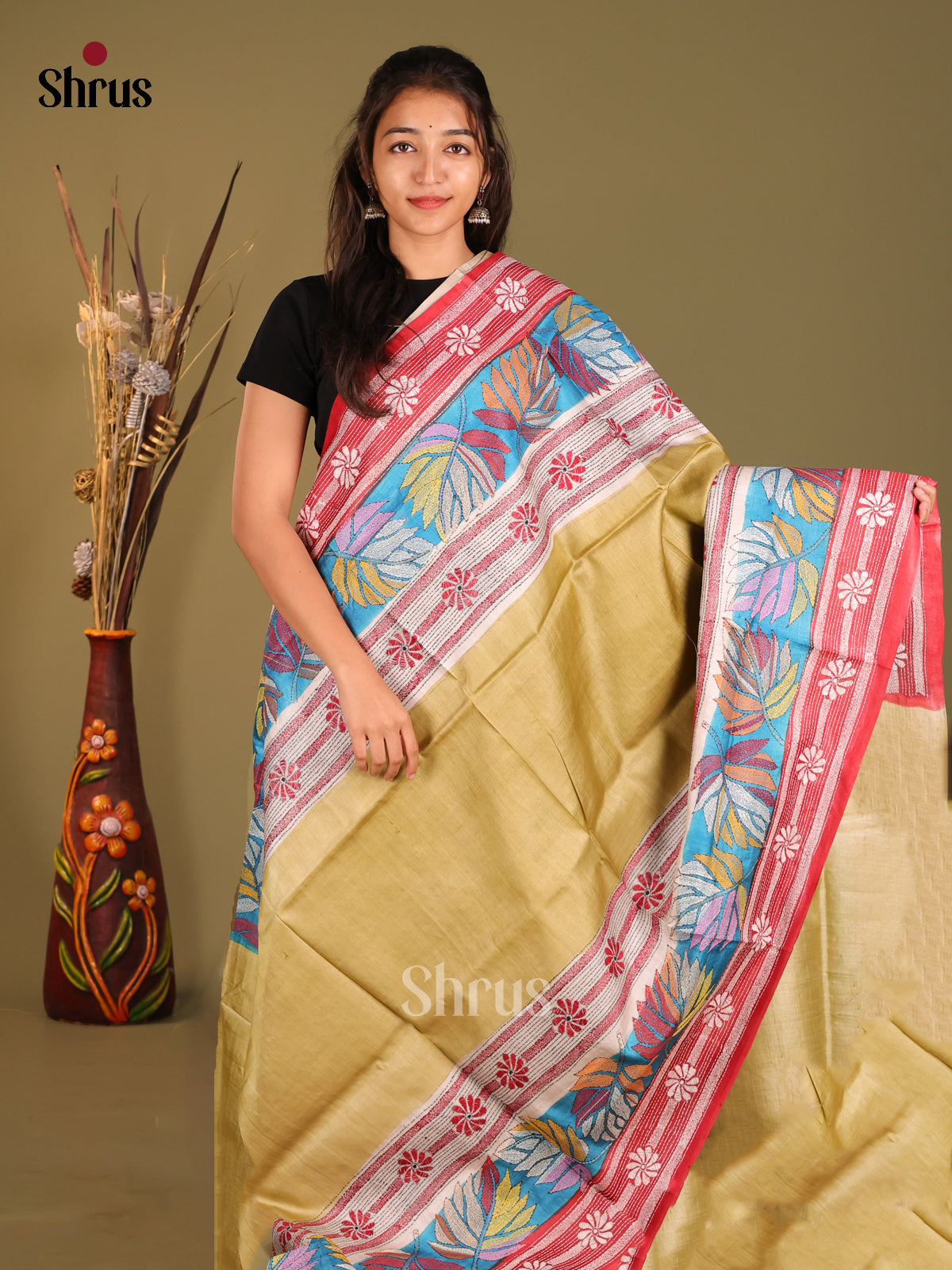 Beige & Red - Tussar Saree
