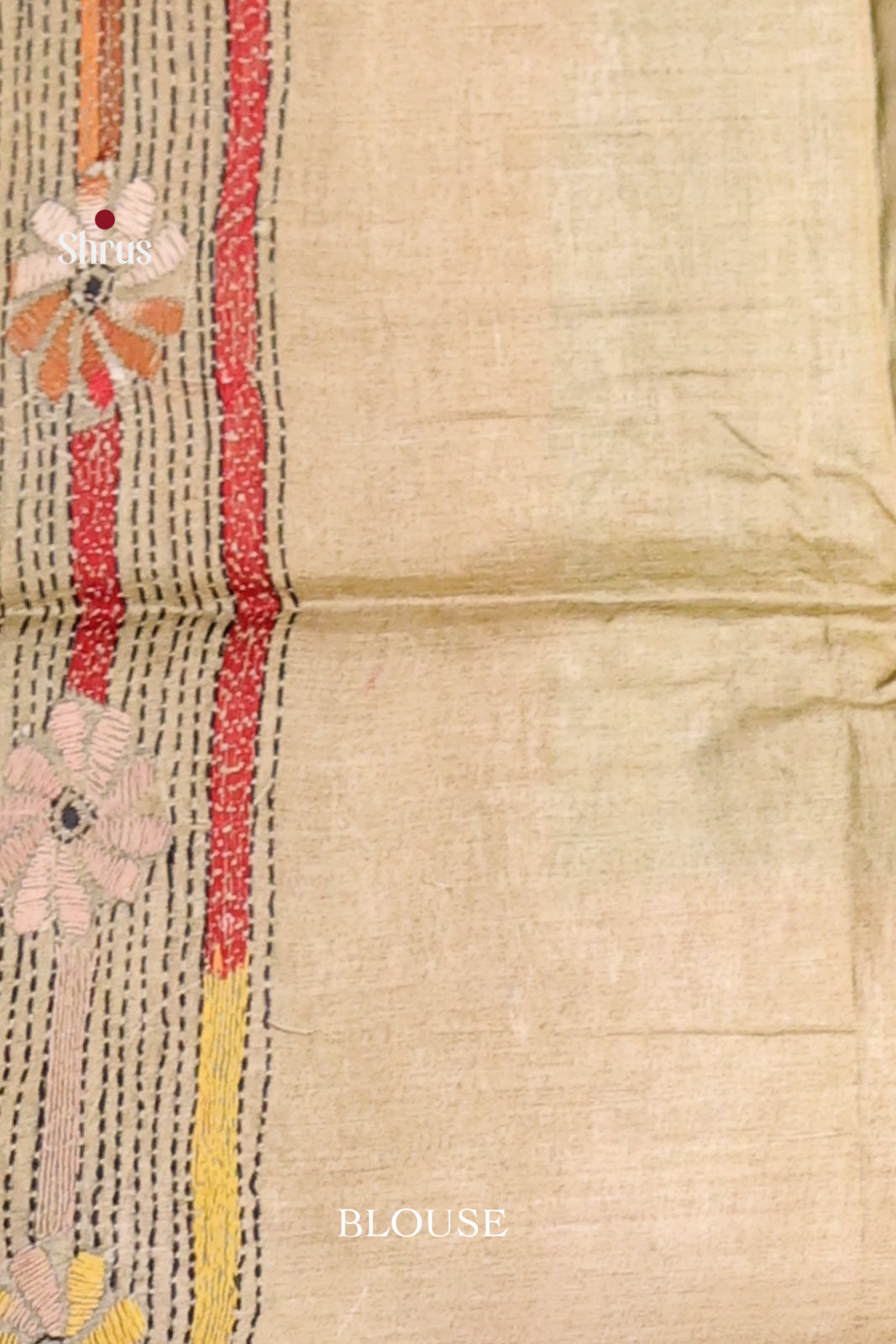 Elegant Mustard Tussar Saree With Kantha Work & Floral Border