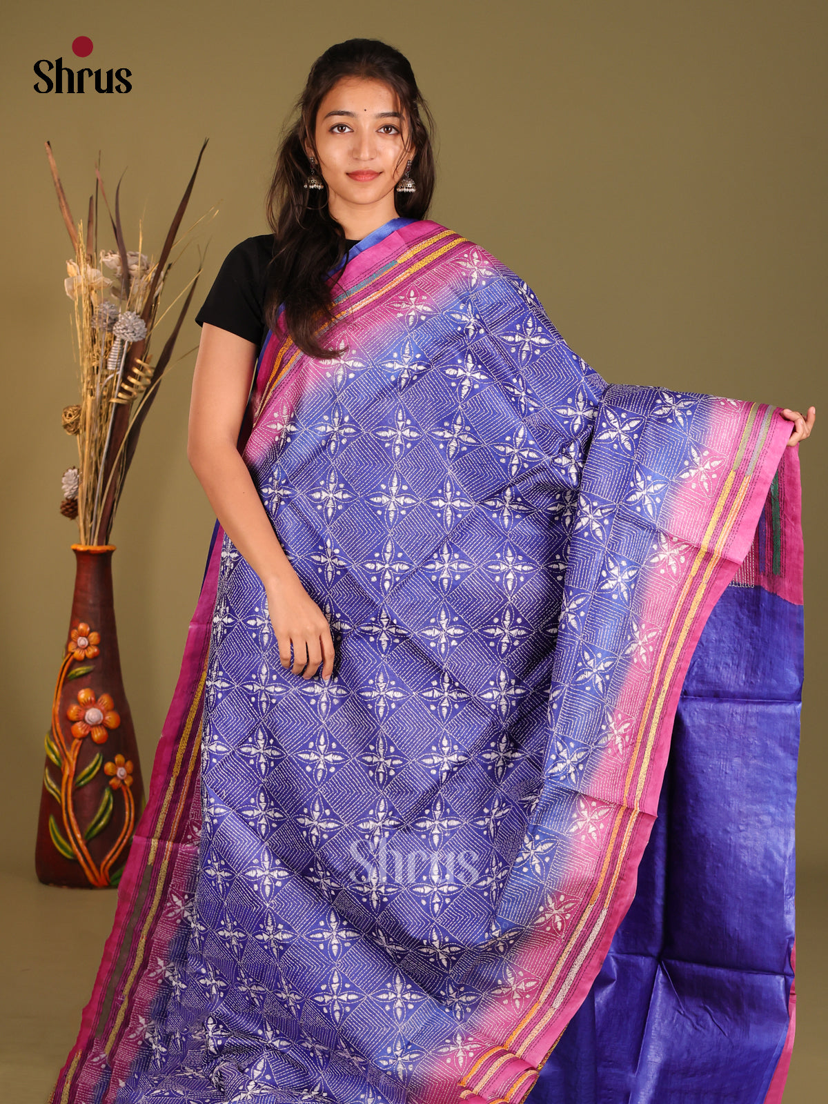 Vibrant Purple & Pink Tussar Silk Saree with Multicolor Floral Pallu - Shop on Shrus.com