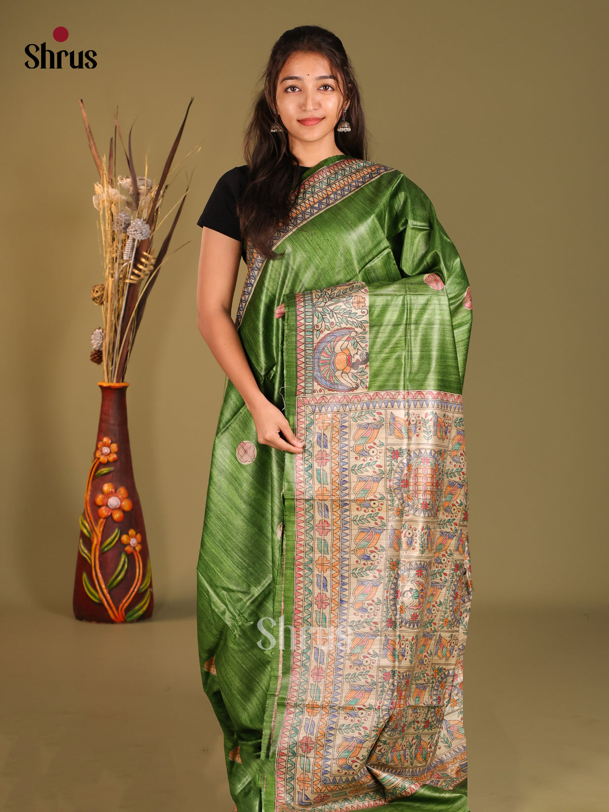 Earthy Green Hand-Painted Tussar Silk Saree - Shop on Shrus.com