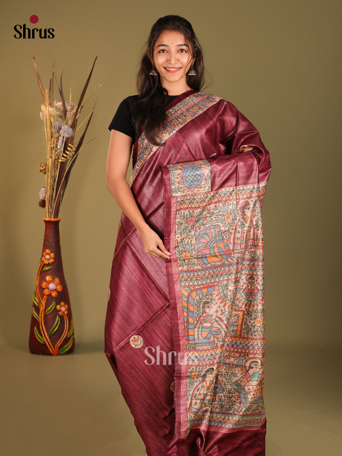 Classy Maroon Tussar Silk Saree with Beige Pallu and Traditional Motifs - Shop on Shrus.com