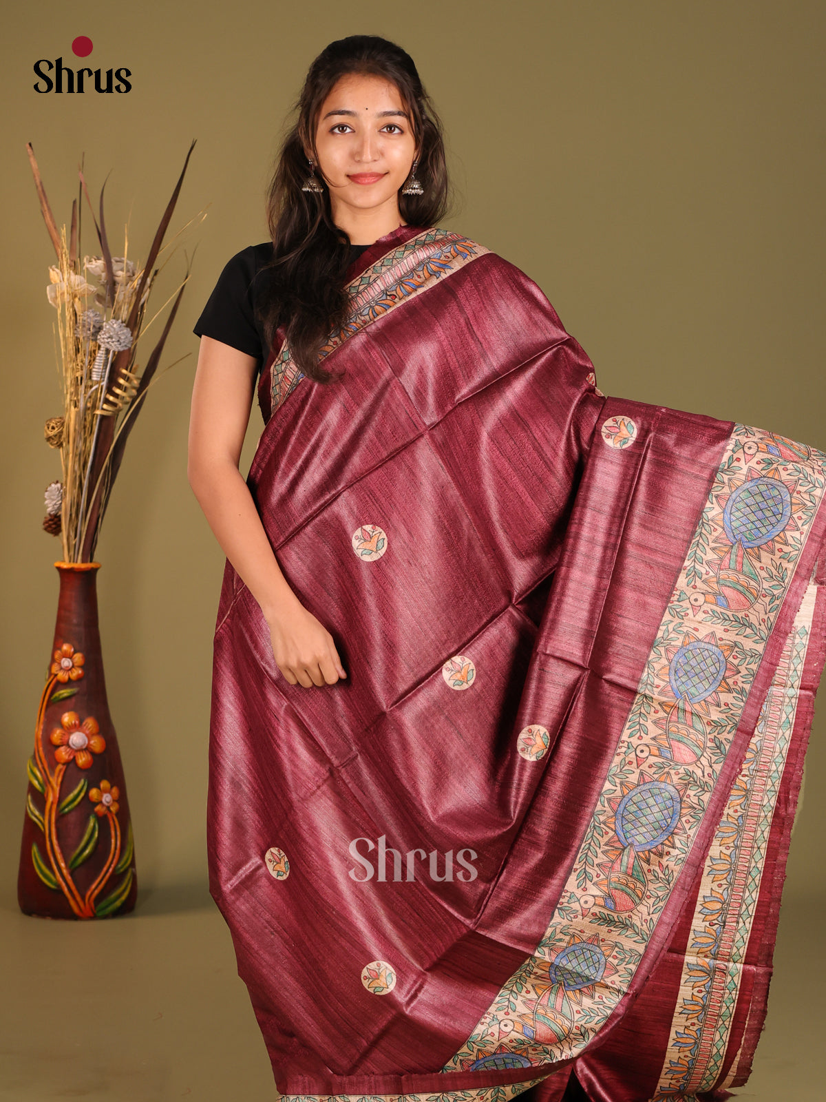 Classy Maroon Tussar Silk Saree with Beige Pallu and Traditional Motifs - Shop on Shrus.com