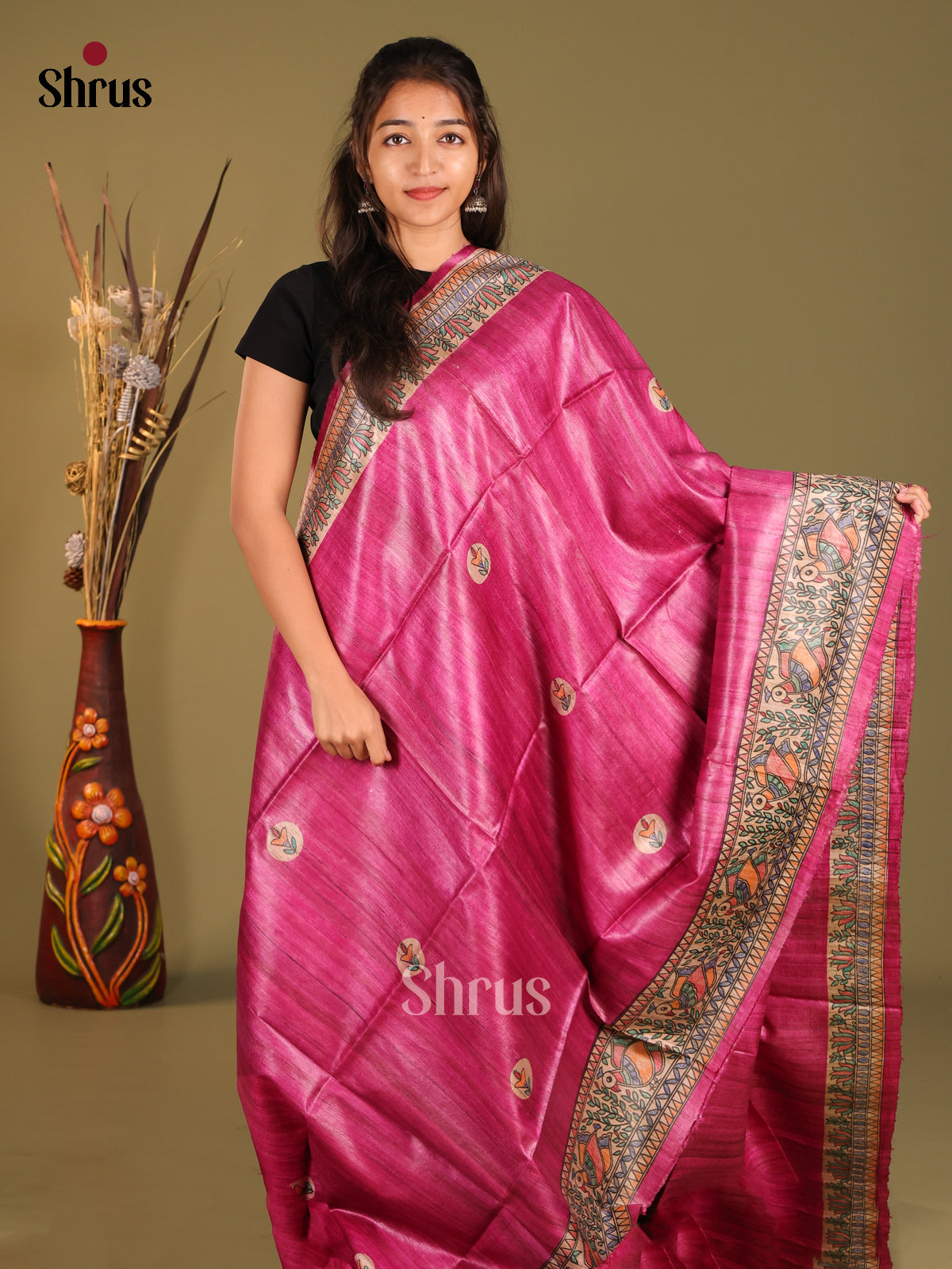 Exquisite Pink Tussar Silk Saree with Madhubani-Inspired Artwork - Shop on Shrus.com