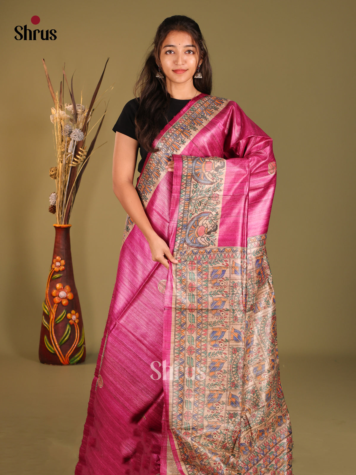 Beautiful Pink Tussar Silk Saree with Madhubani-Inspired Artwork - Shop on Shrus.com