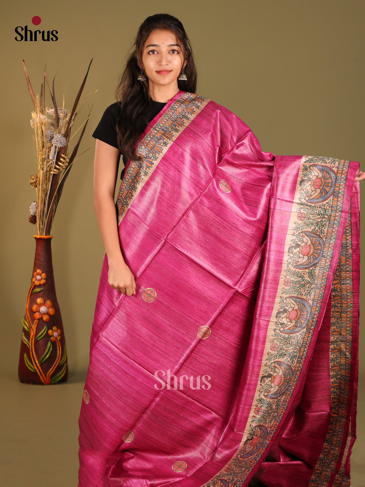 Beautiful Pink Tussar Silk Saree with Madhubani-Inspired Artwork - Shop on Shrus.com