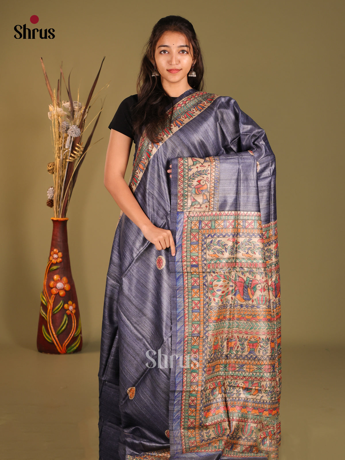 Stunning Violet Tussar Silk Saree Painted With Madhubani Art - Shop on Shrus.com