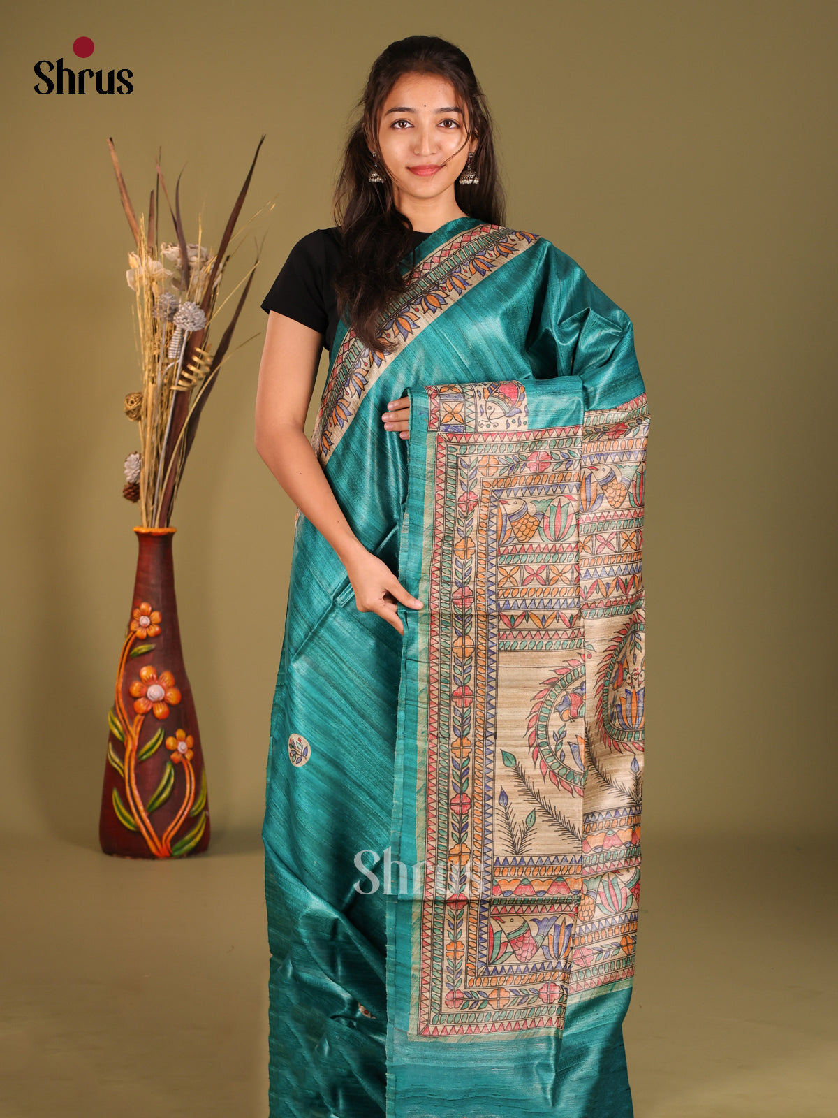 Beautiful Teal Tussar Silk Saree with Artistic Madhubani Pallu