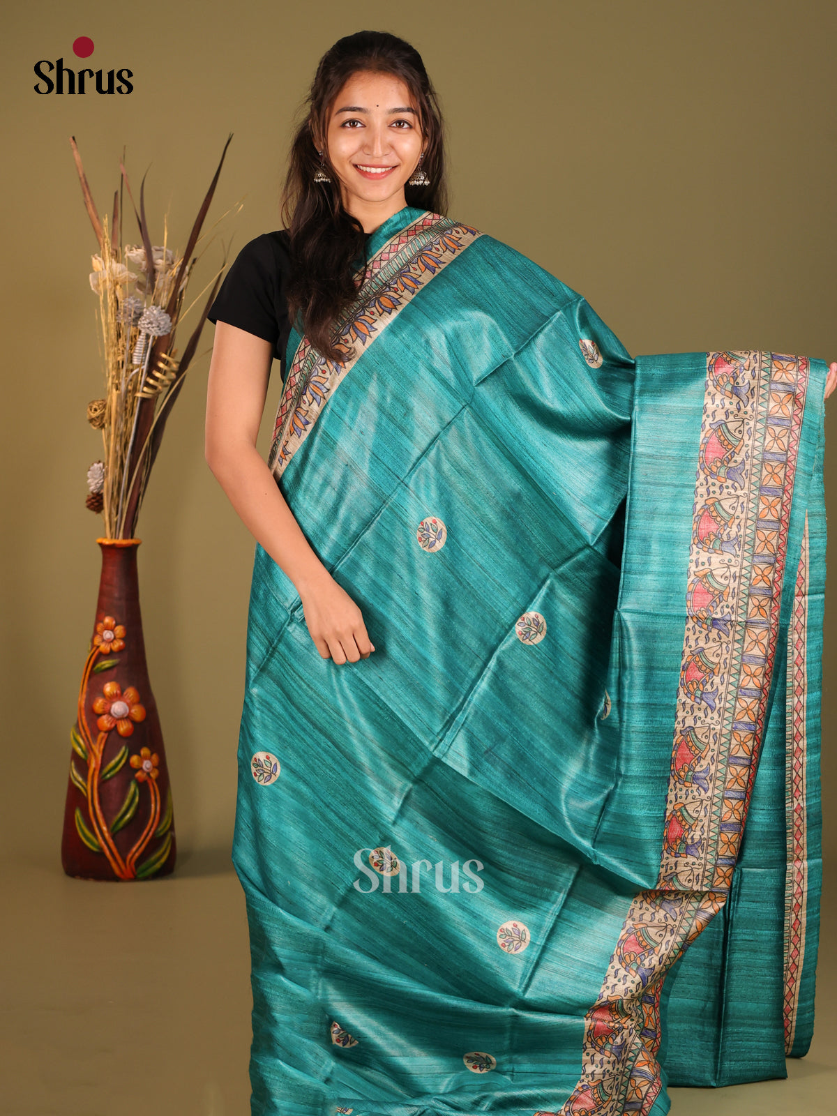 Beautiful Teal Tussar Silk Saree with Artistic Madhubani Pallu