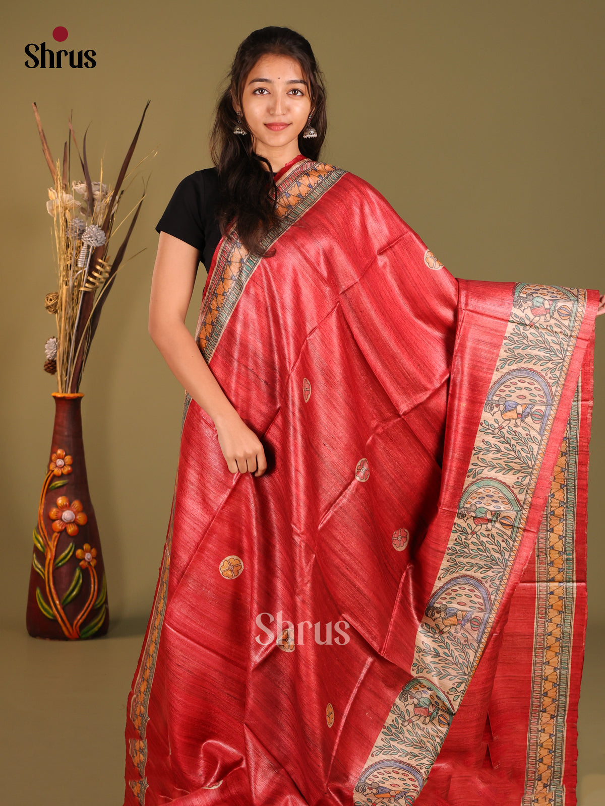 Lustrous Rust Tussar Silk Saree with Multicolor Folk Art Pallu - Shop on Shrus.com