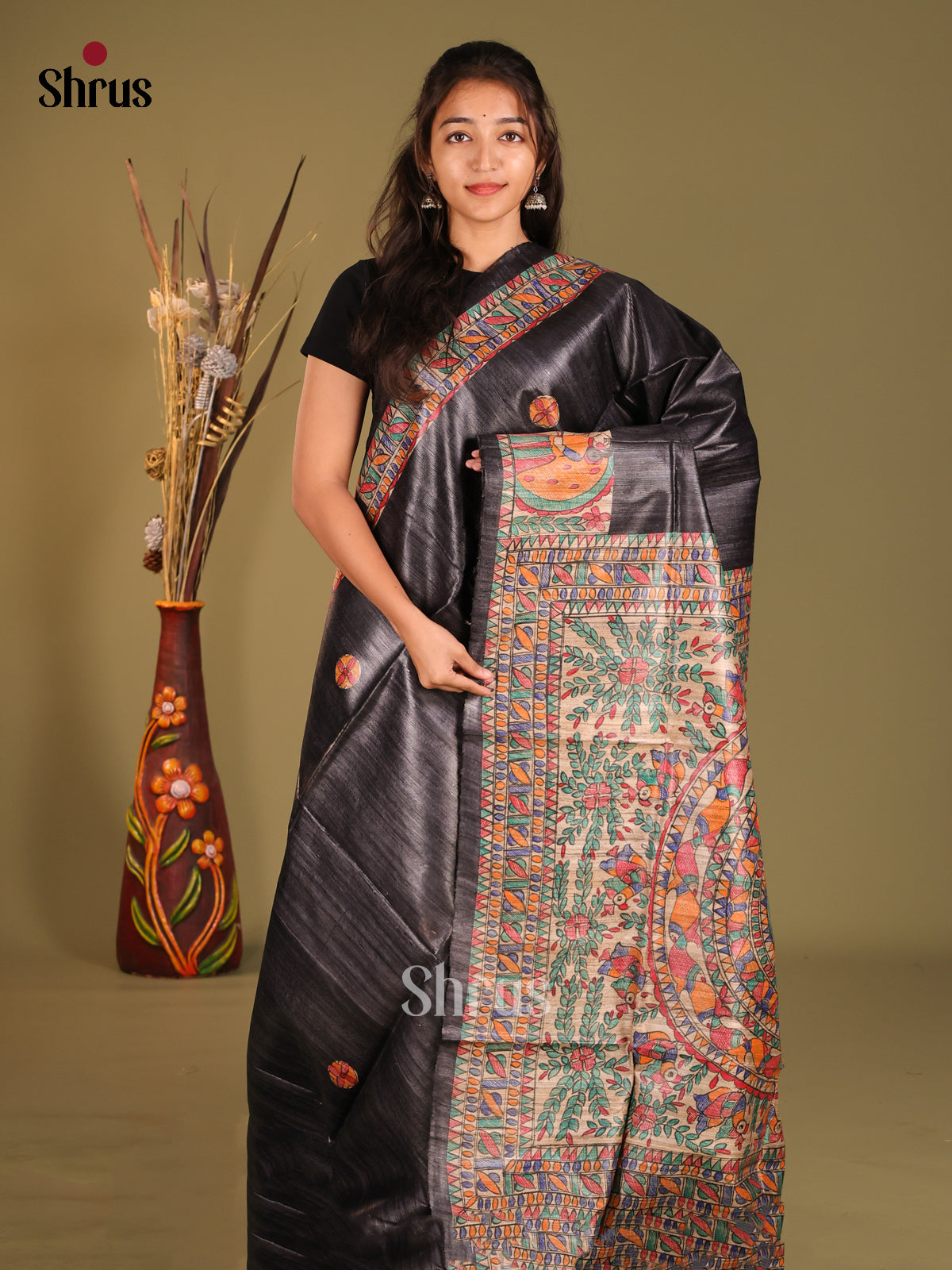 Mystique Black Tussar Silk Saree with Beige Pallu and Traditional Motifs - Shop on Shrus.com