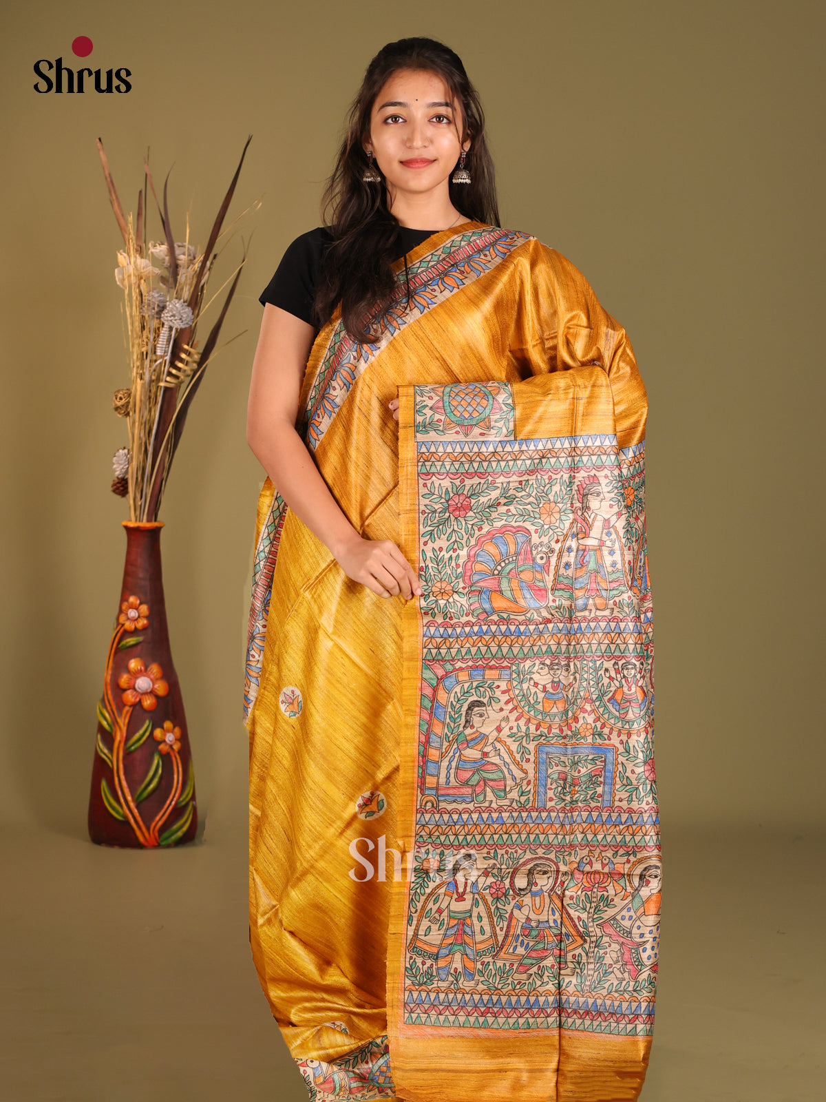 Elegant Yellow Tussar Silk Saree with Madhubani Artwork - Shop on Shrus.com