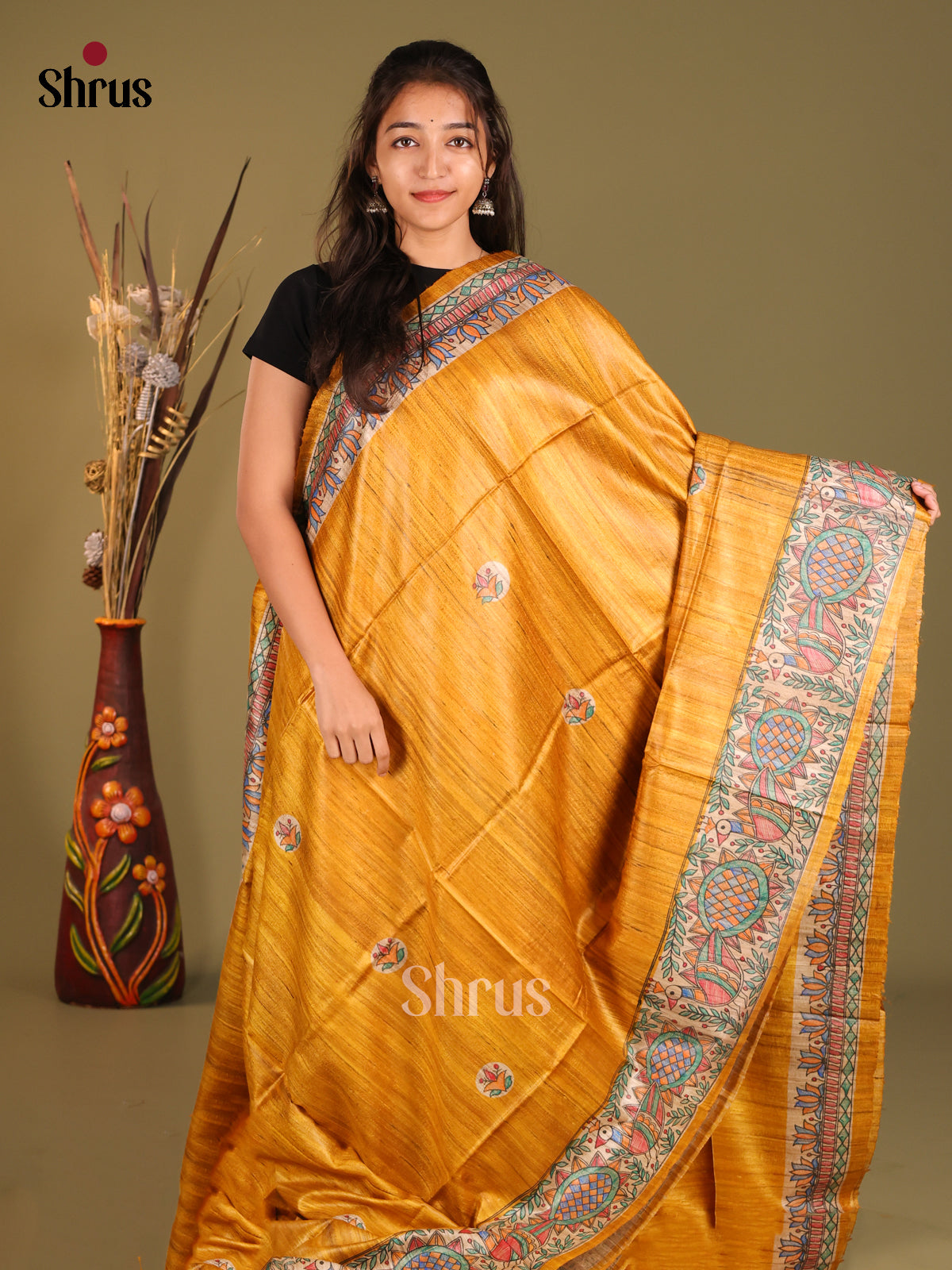 Elegant Yellow Tussar Silk Saree with Madhubani Artwork - Shop on Shrus.com