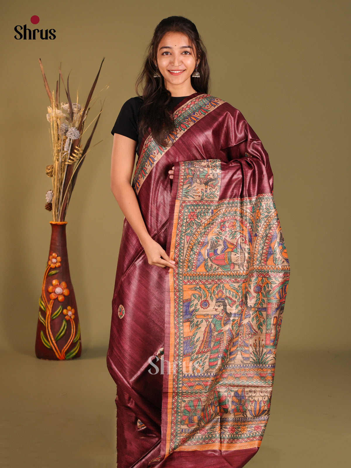 Regal Maroon Tussar Silk Saree with Intricate Madhubani Artwork - Shop on Shrus.com