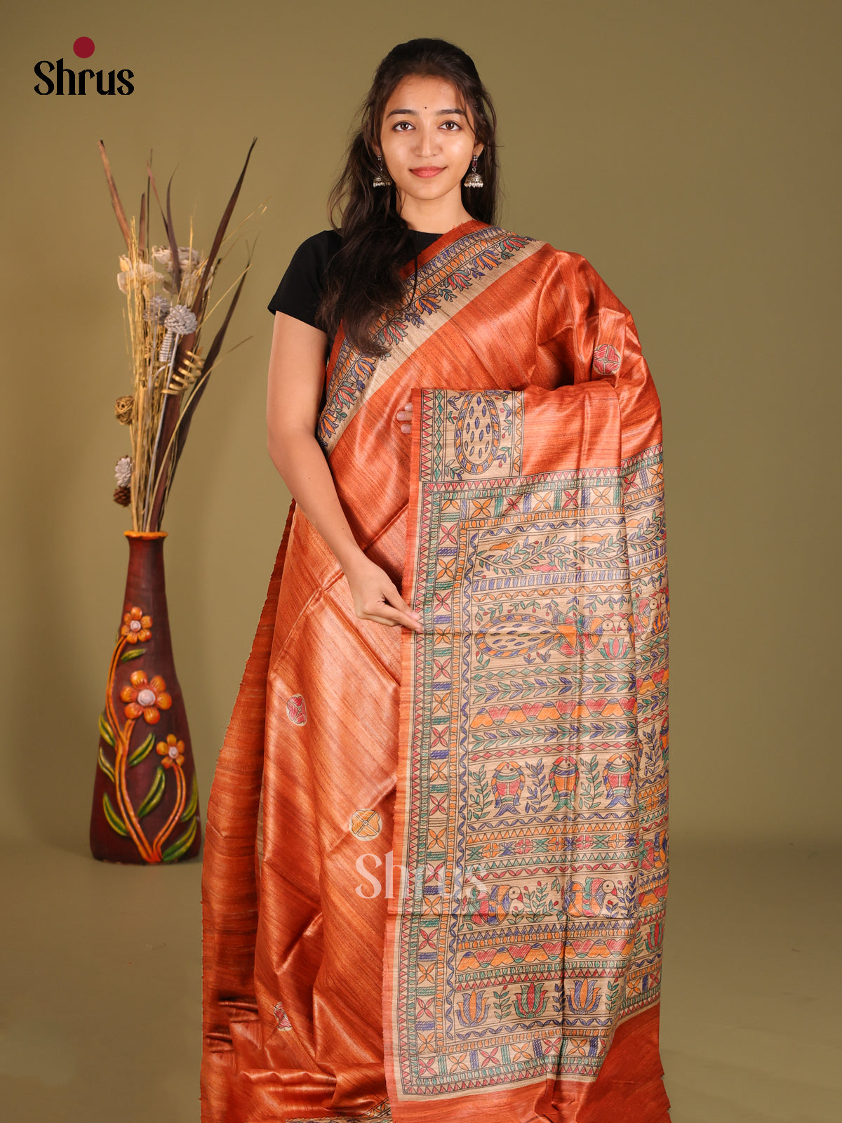 Classic Rust Orange Tussar Silk Saree with Hand-Painted Madhubani Motifs
