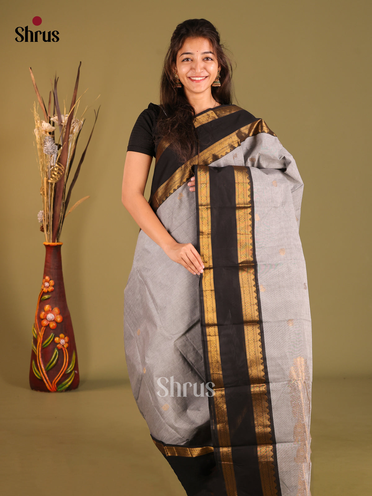 Grey & Black - Chettinad Cotton Saree