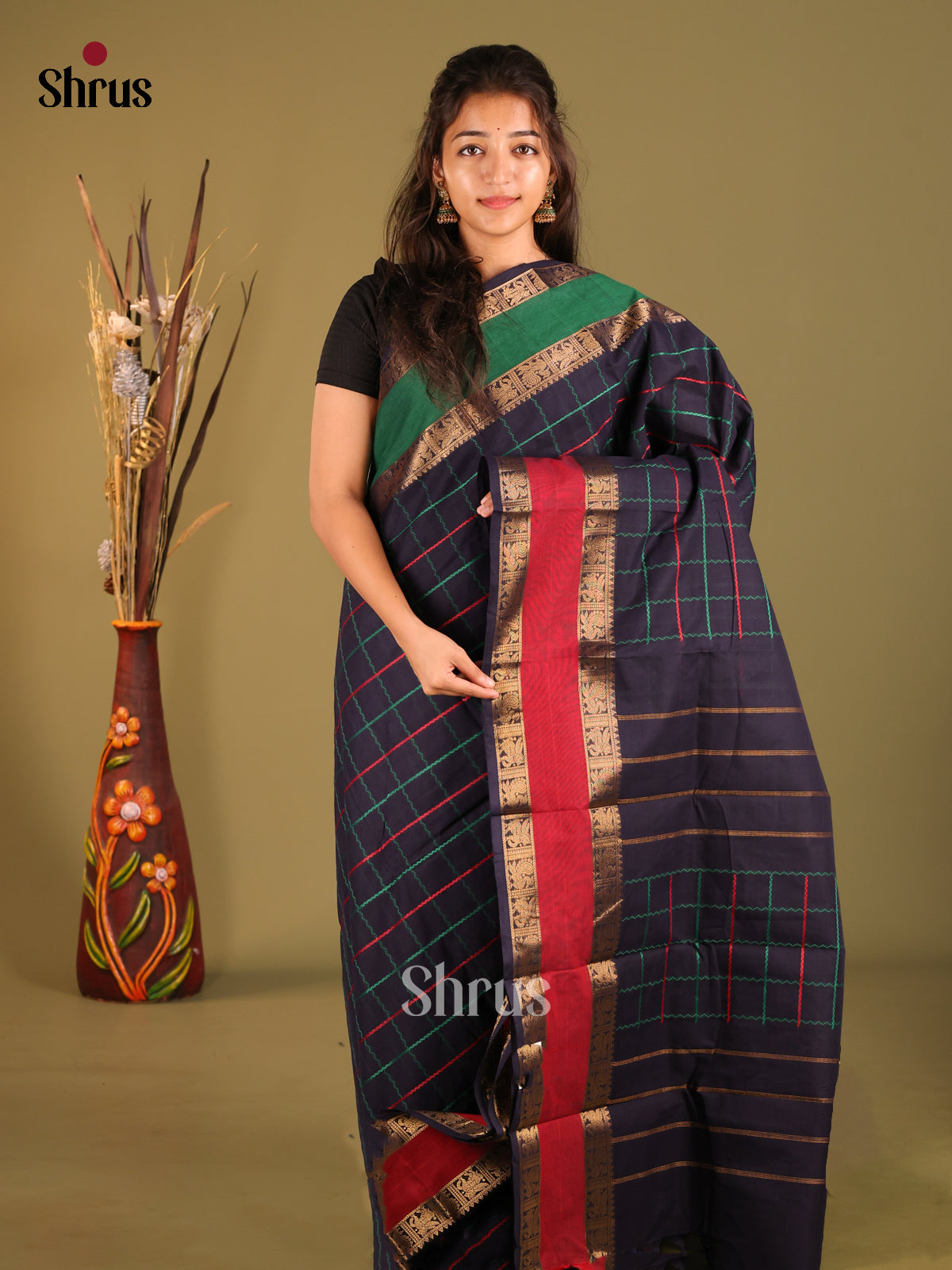 Navy Blue & Green- Chettinad Cotton Saree