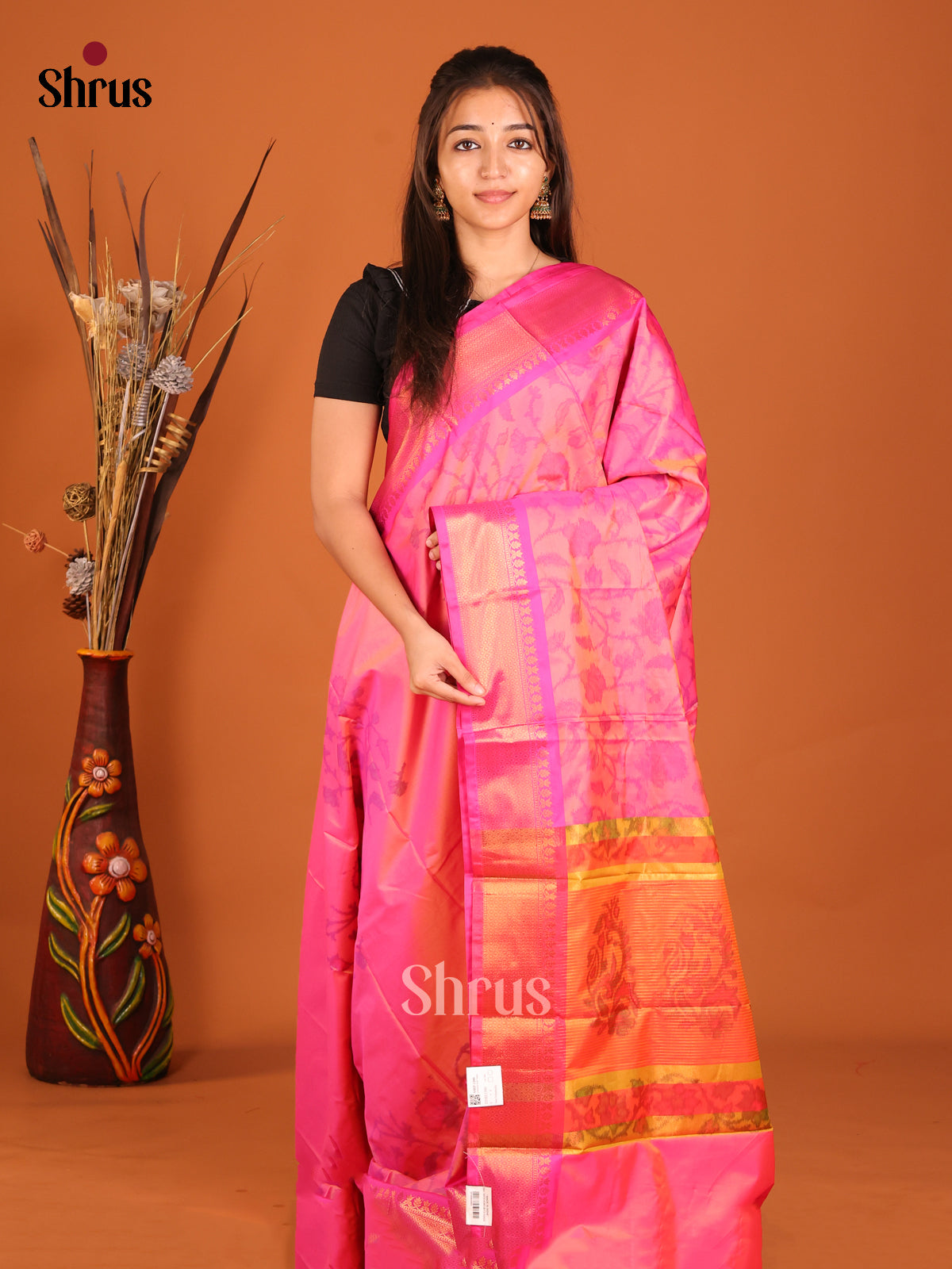 Pink & Orange - Semi Pochampally Saree - Shop on Shrus.com