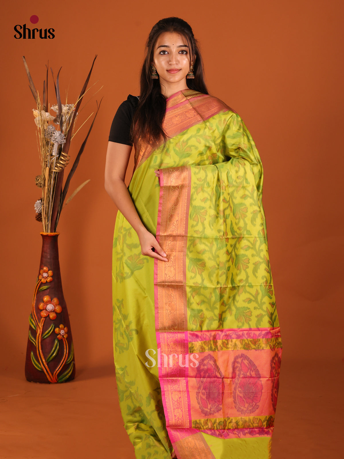 Light Green & Pink - Semi Pochampally Saree - Shop on Shrus.com