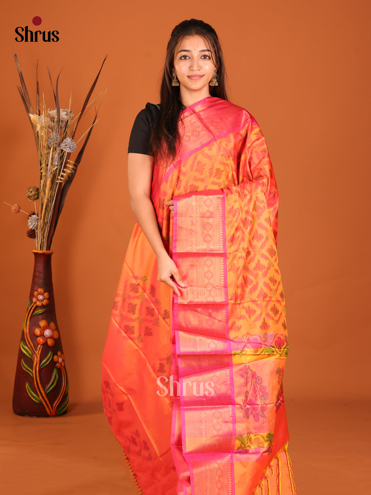 Orange & Pink - Semi Pochampally Saree - Shop on Shrus.com